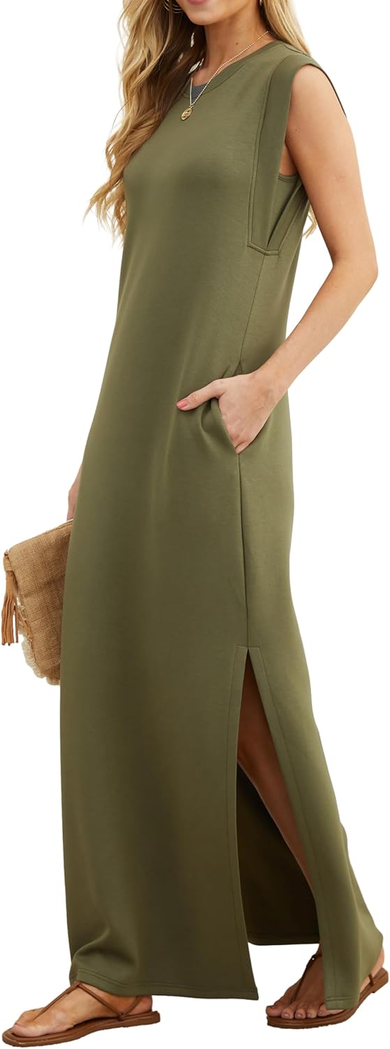 Detalle 2 de GRECERELLE Women's Summer Maxi Dress: Sleeveless Shirt Dress with Pockets, Split Hem – UK