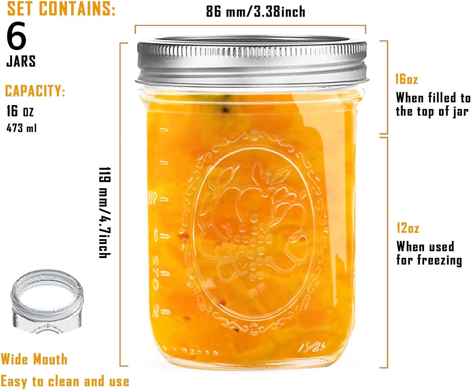 Detalle 2 de Miuyhji Wide Mouth Mason Jars 16 oz for Preserving 🫙