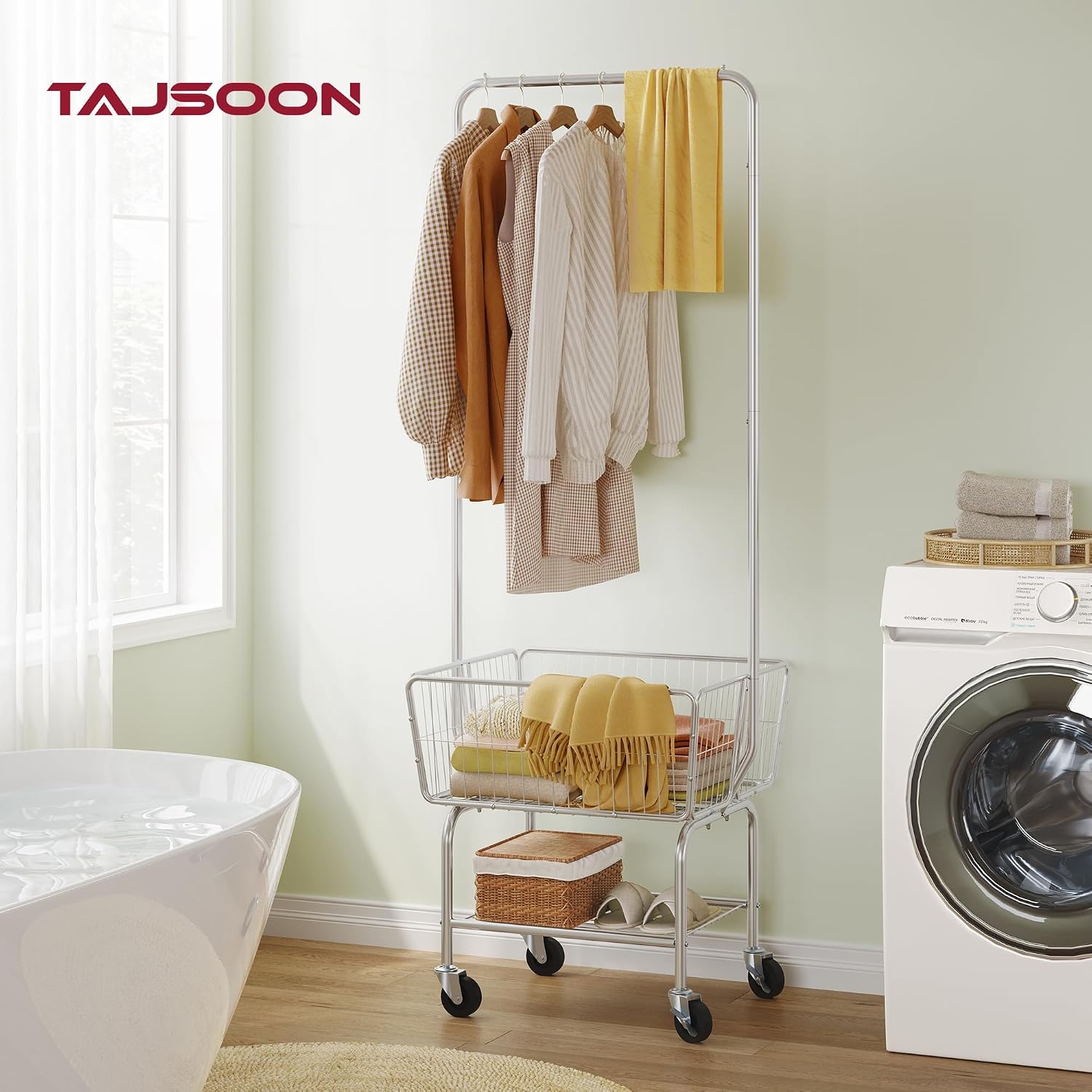 Thumbnail 5 de Tajsoon Laundry Cart with Clothes Rack (Chrome) – mobile laundry hamper with hanging rail and lockable wheels