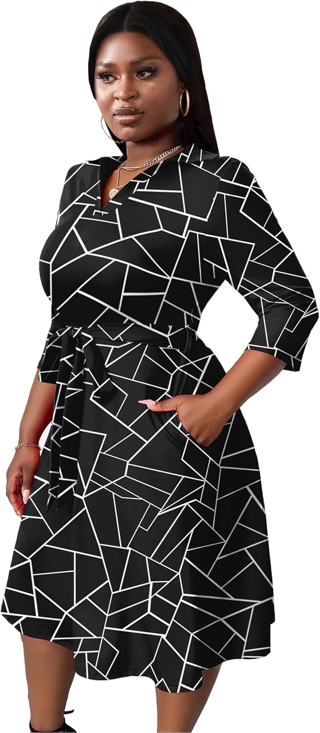 Thumbnail 2 de FANDEE Plus Size Midi Dress with African Print – 3/4 Sleeves, V-Neck, Pockets, Belt (L-5XL)