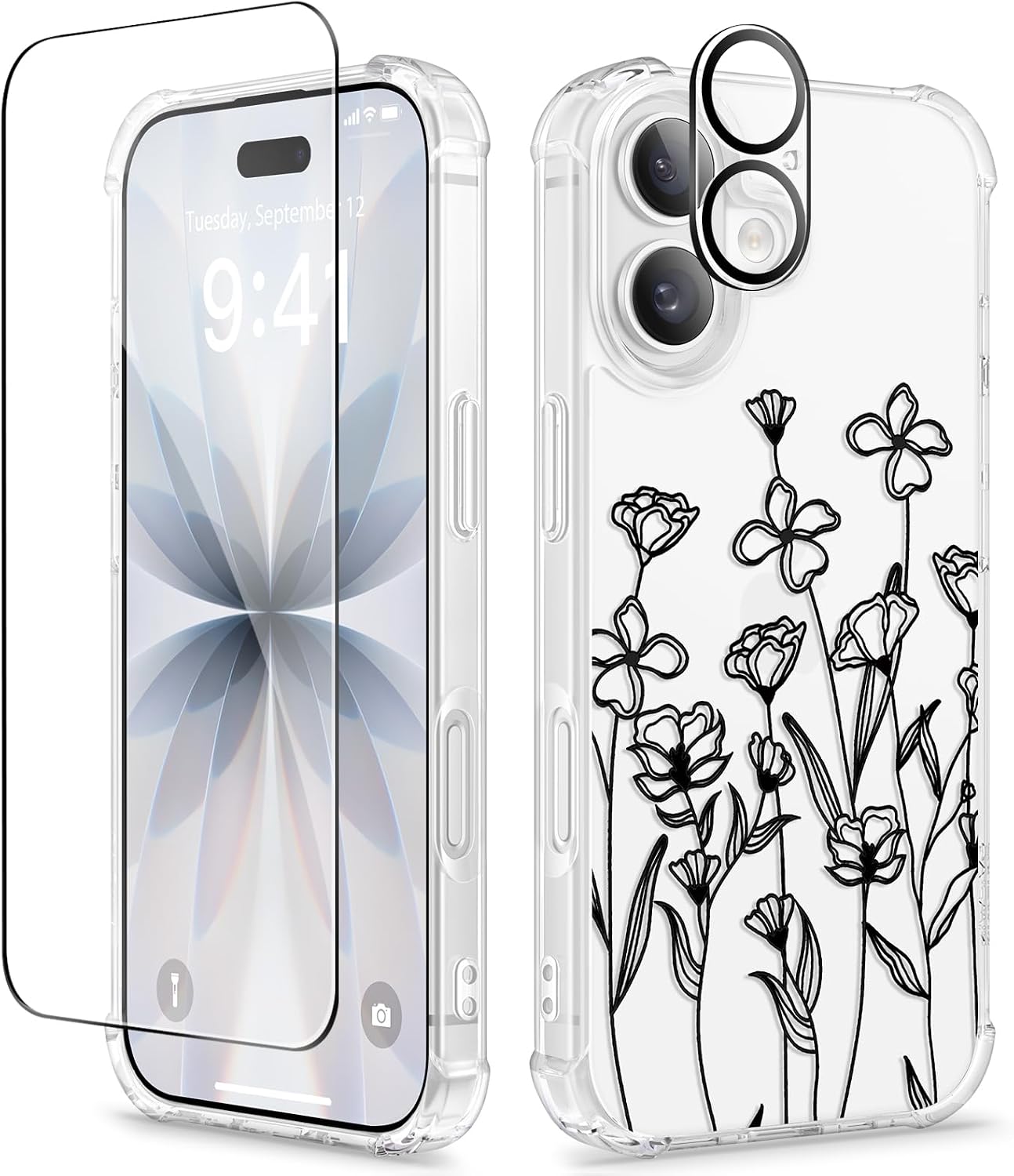 Detalle de GVIEWIN iPhone 17 Floral Clear Case, Slim Profile with Screen & Camera Protectors