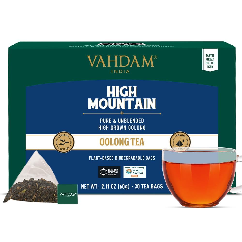 Detalle de VAHDAM High Mountain Oolong-Tee (30 Pyramiden-Teebeutel) – blumig-fruchtig, einzeln verpackt