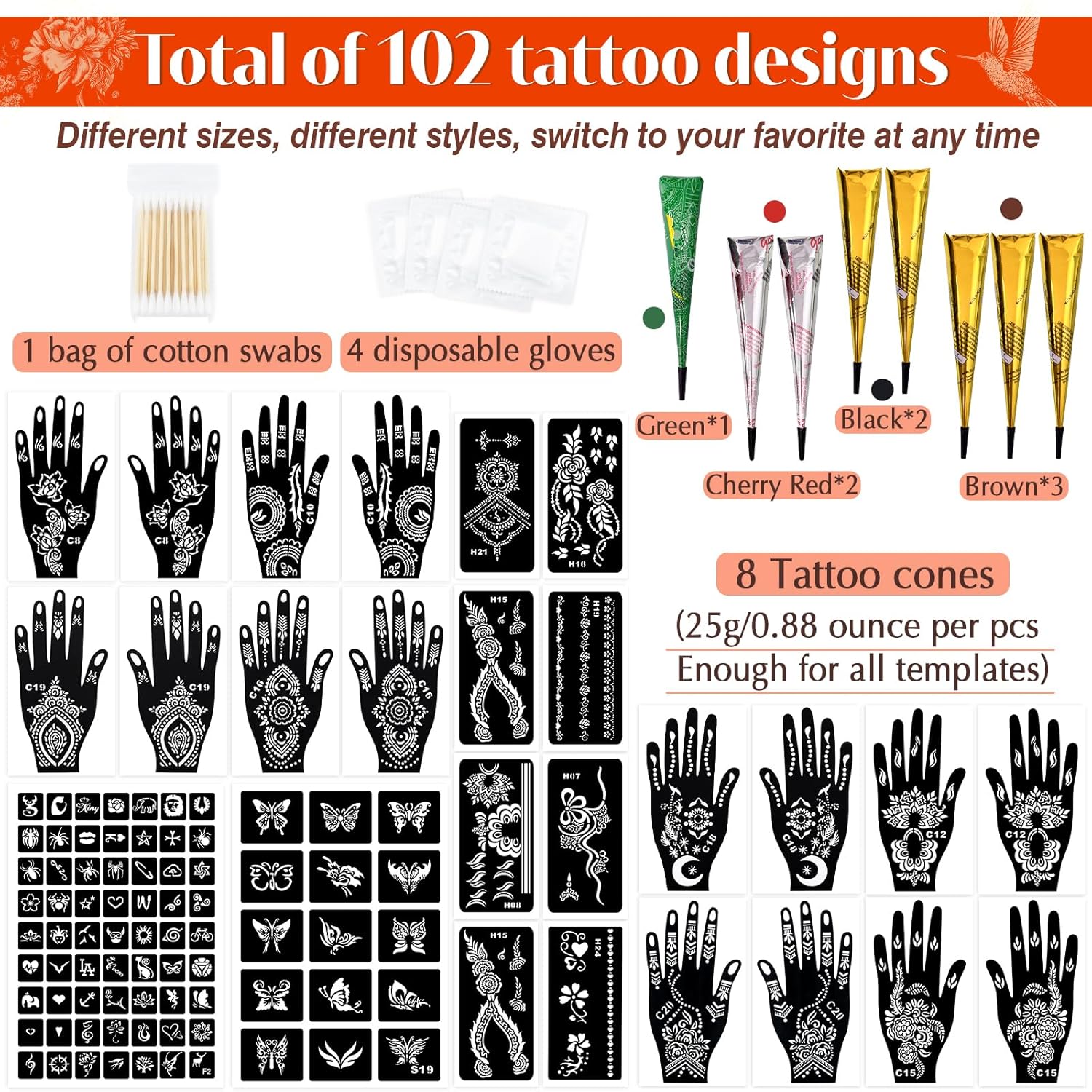 Detalle de MuseLuxe Temporary Tattoos Stencils Kit - 102 Designs, 8 Ink Colors, DIY Body Art