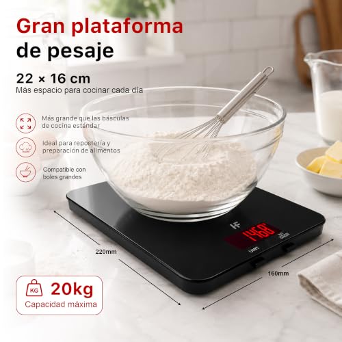 Detalle 2 de HomeFashion Bascula de Cocina 20 kg con plataforma de vidrio y pantalla LED 50 mm