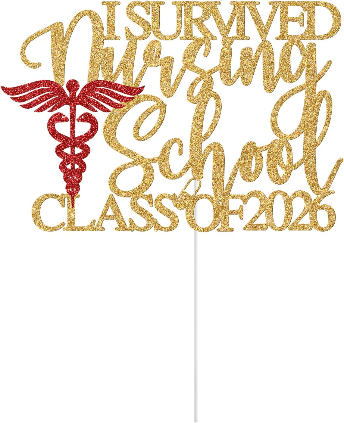 Detalle de Yotawebery I Survived Nursing School Cake Topper, Class of 2026, Gold and Red Glitter