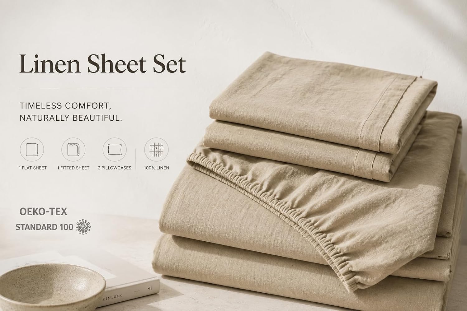 Detalle de MEISHANG 100% French Pure Linen Sheets Queen Size (4-Piece Set) with 16" Deep Pocket