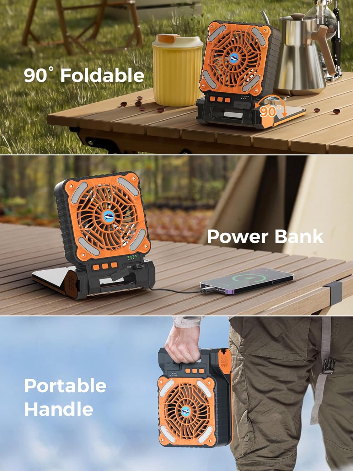 Detalle 2 de Smiling Shark FS-99: Ventilatore da Campeggio con LED, Batteria 6000 mAh, 4 Velocità e Ricarica Solare