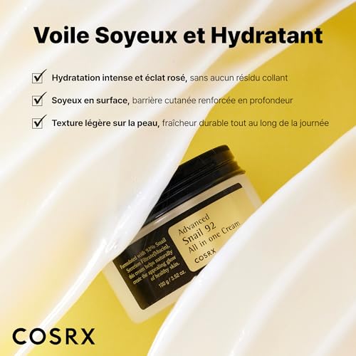 Detalle de COSRX Advanced Snail 92 Crème Tout en Un 100 ml — soin hydratant réparateur à la mucine d’escargot