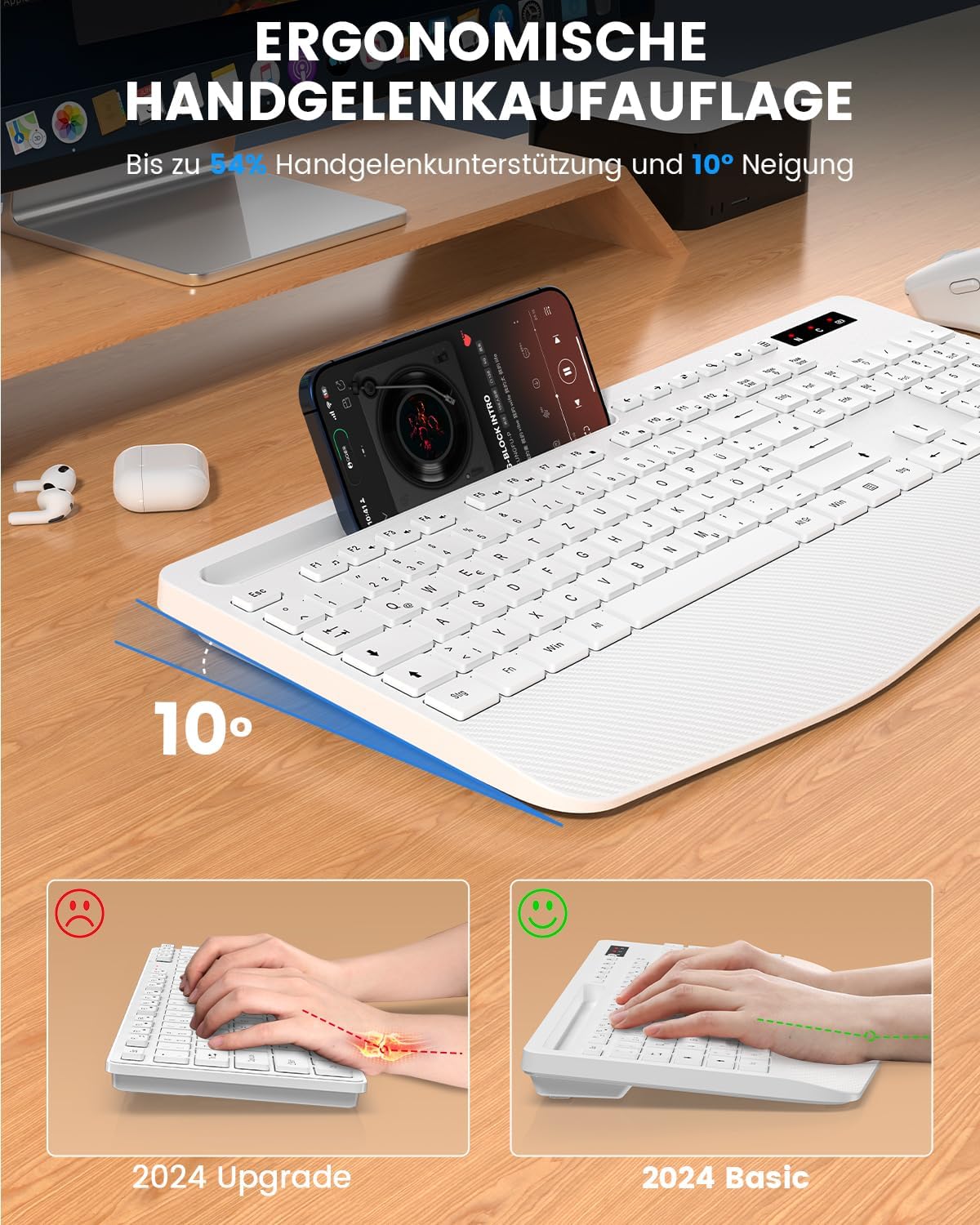 Thumbnail 1 de SABLUTE Tastatur-Maus-Set kabellos 2,4G inkl. Handballenauflage & Telefonhalter (Windows, Weiß)