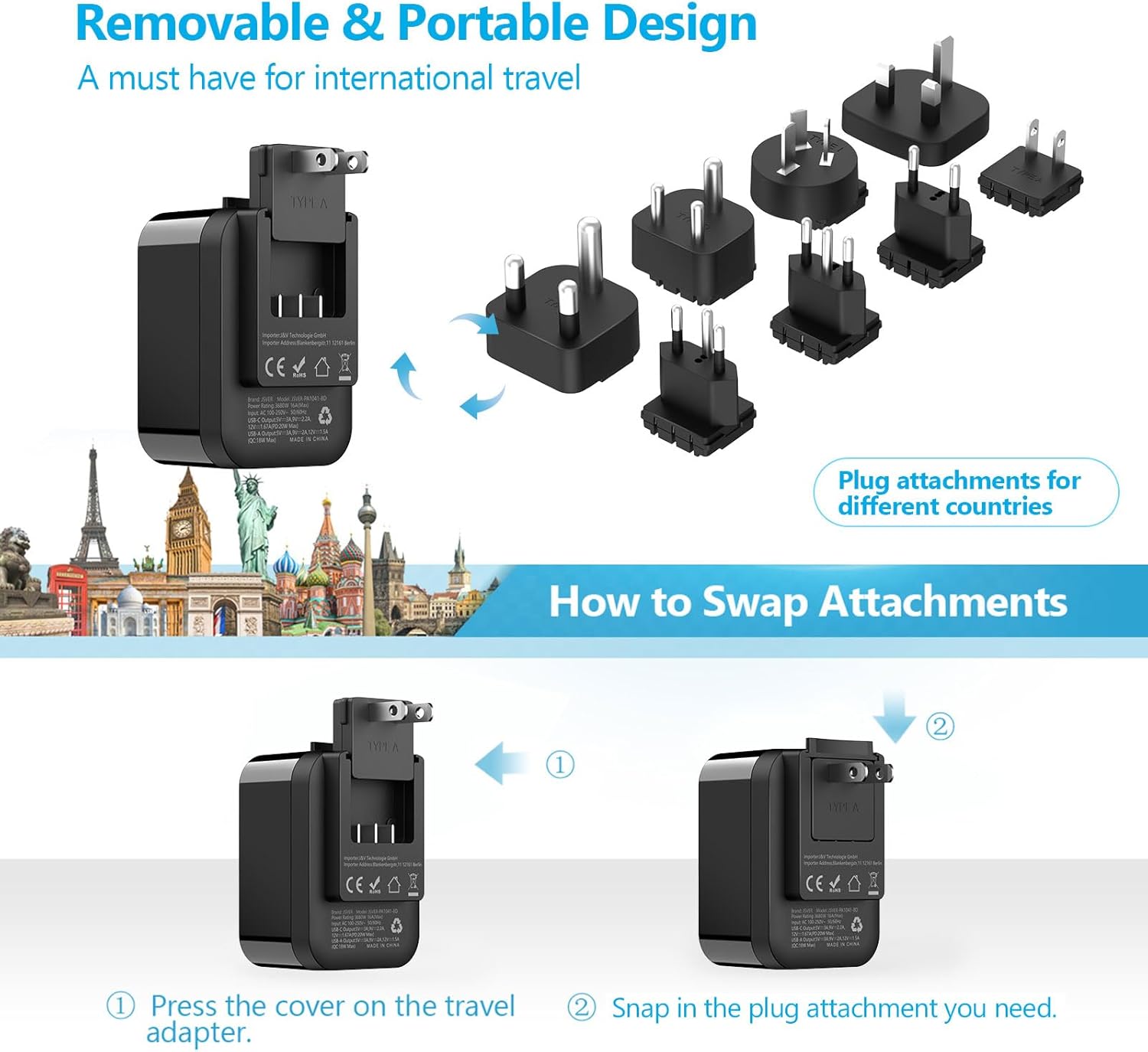 Thumbnail 5 de JSVER Adattatore di viaggio internazionale con 2 USB-A (QC 18W) e 2 USB-C (PD 20W) per oltre 180 paesi (Nero)