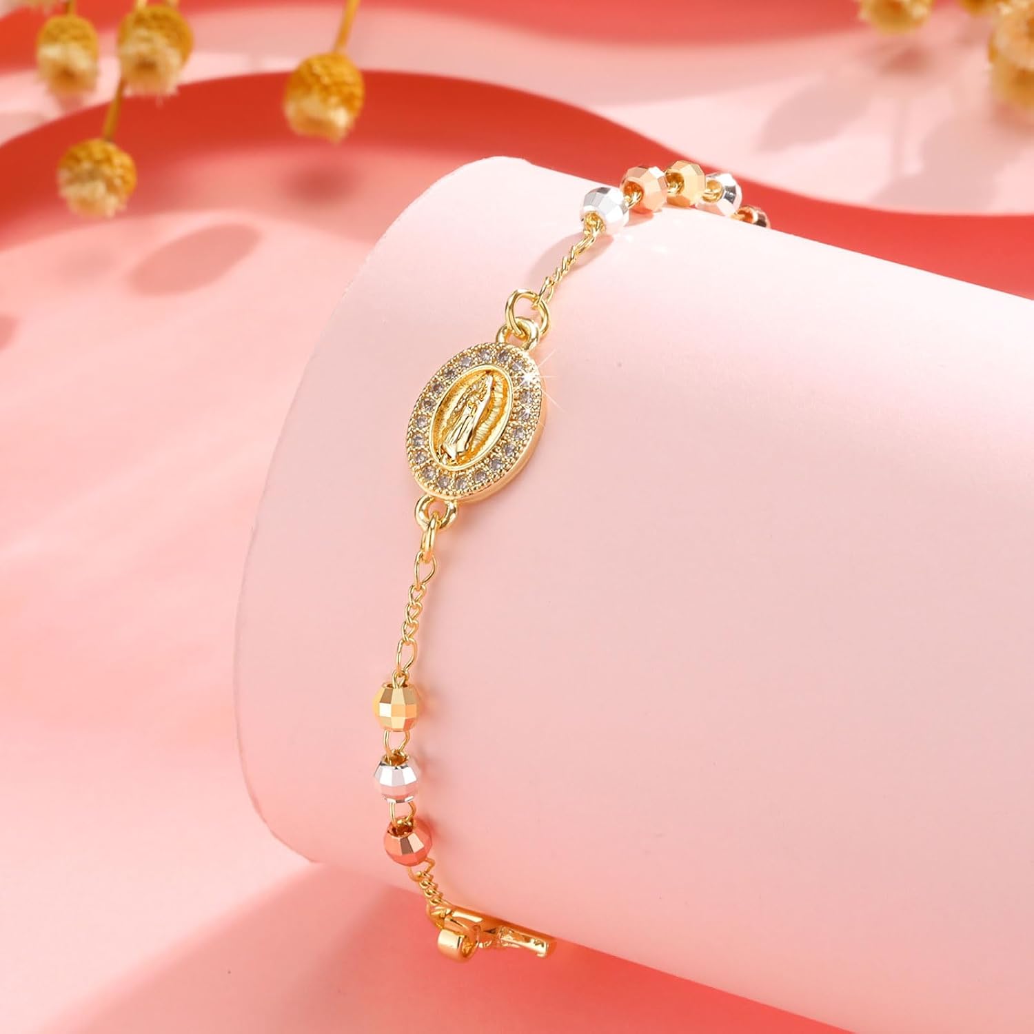 Detalle de VNOX Rosenkranz Armband Damen – Katholisch, Maria Anhänger, Kreuz Glaubensschmuck, religiöser Armreif