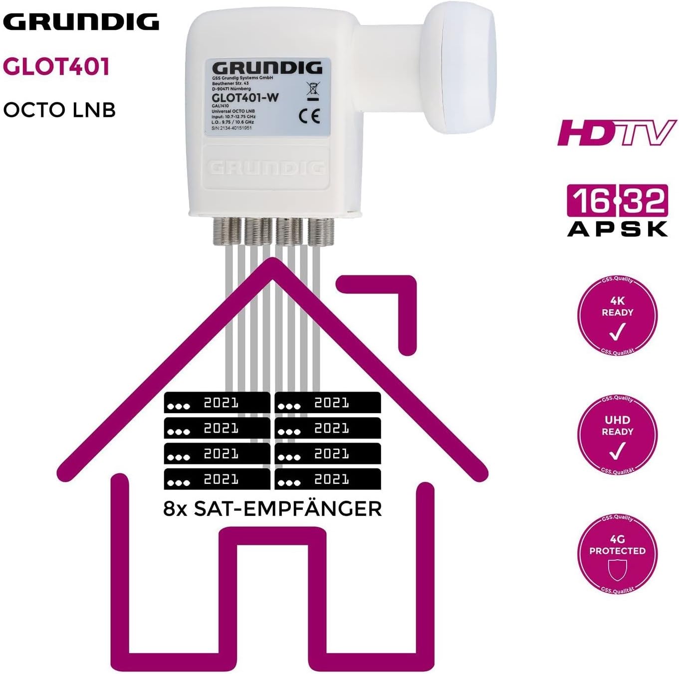 Thumbnail 2 de GSS Octo LNB (weiß) mit LTE-Filter für digitale Satellitenschüssel, 8 Teilnehmer (8-fach) – getestet „sehr gut“