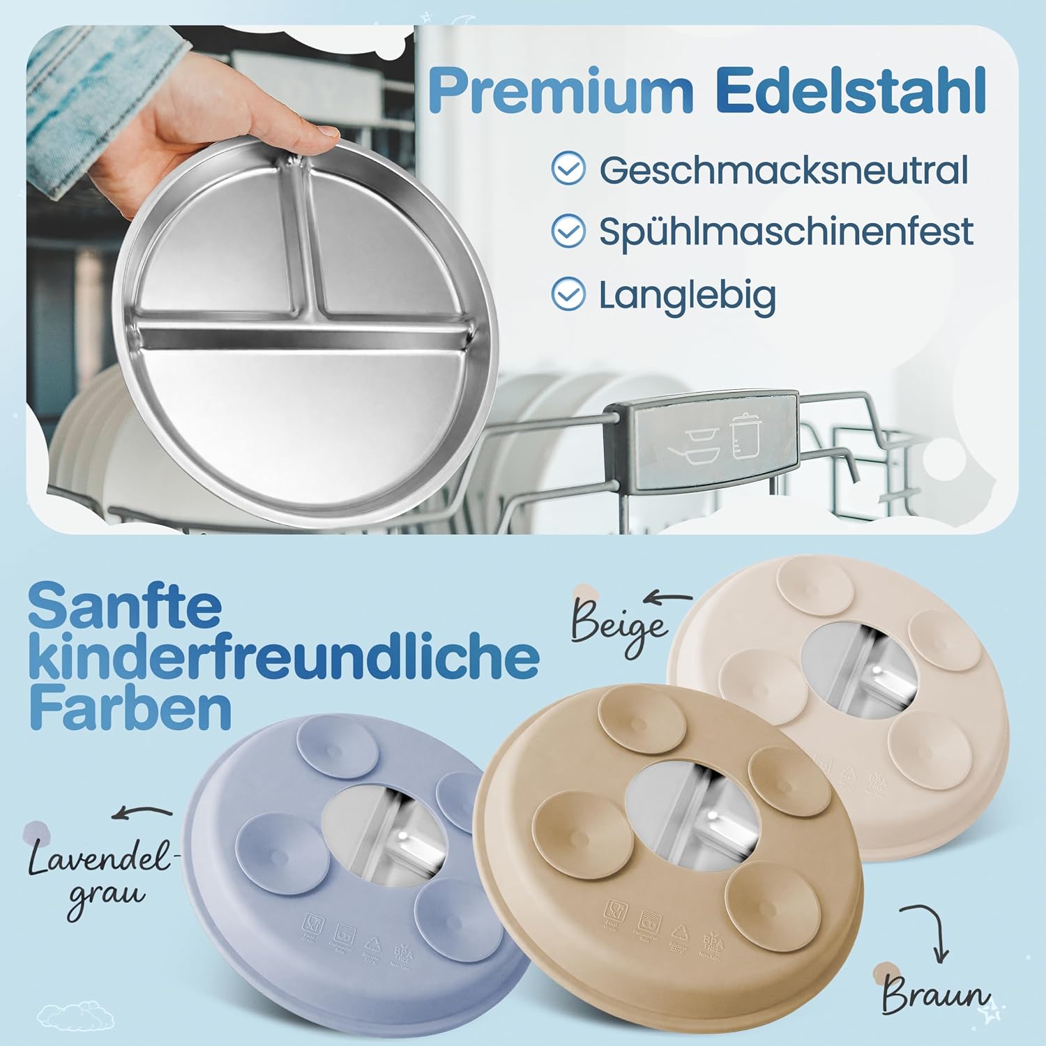 Thumbnail 2 de Mutkind 3x Baby Teller mit Saugnapf – Edelstahl, Extra Starker Halt, Spülmaschinengeeignet
