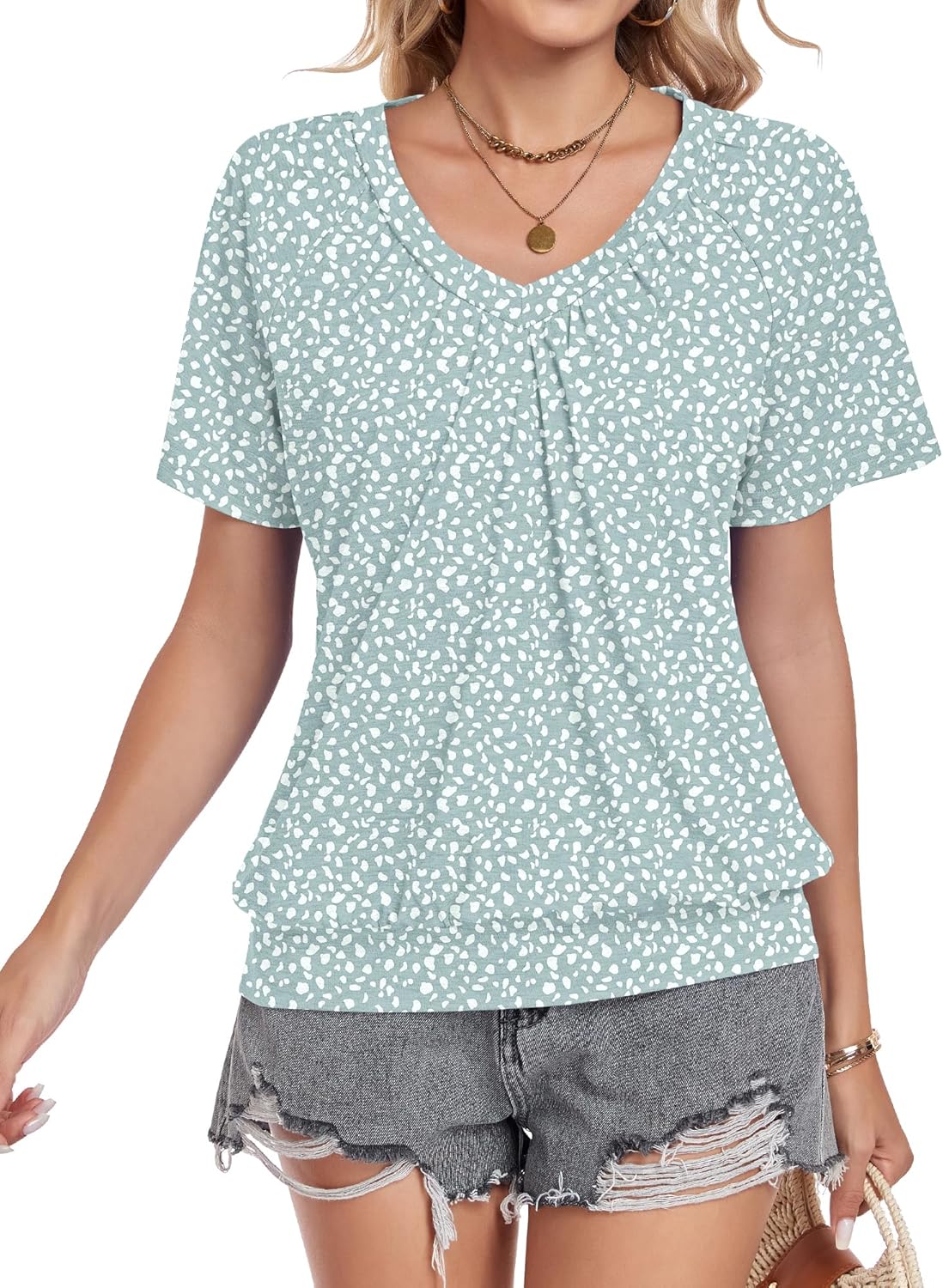 Thumbnail 1 de WNEEDU Damen Sommer T-Shirt: Basic V-Ausschnitt mit plissiertem Frontmieder