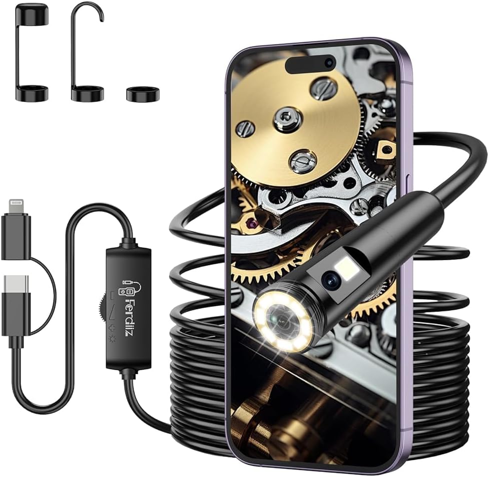 Detalle de Dual-Lens Endoscope Inspection Camera (1920P) by Ferdiiz — 16.4ft Semi-Rigid Snake with 8 Adjustable LEDs