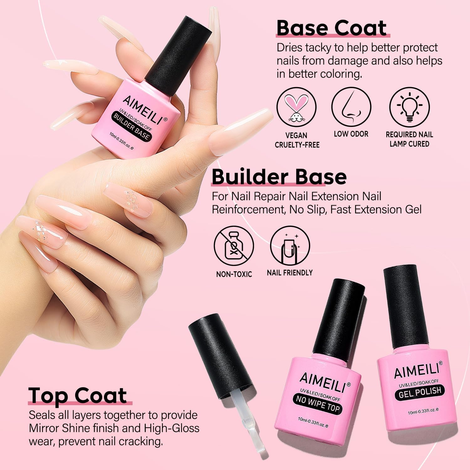 Detalle de AIMEILI Base Coat, Top Coat No Wipe e 7 in 1 Clear Builder Base Gel Kit – manicure semipermanente inGel UV/LED da 3x10ml