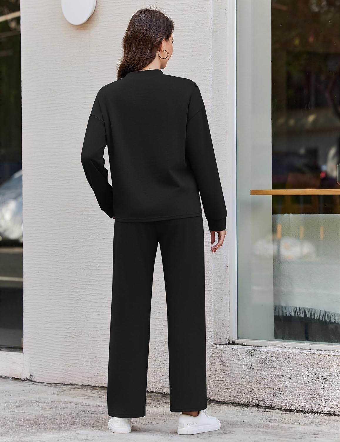 Detalle de Ekouaer Women's Two-Piece Lounge Set with Mock Neck, Wide-Leg Pants and Pockets