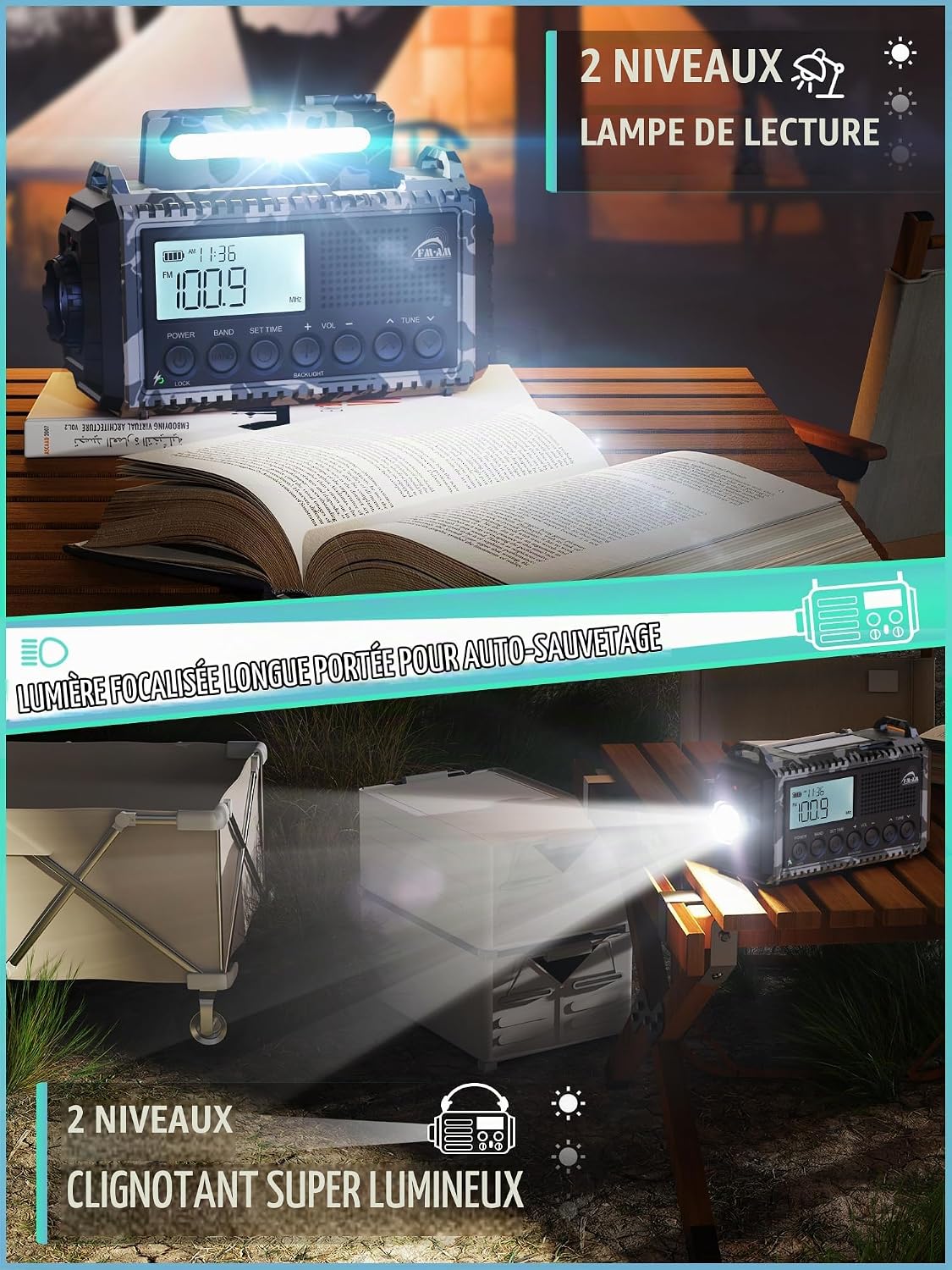 Detalle de ROCAM 1009UItra zwengelradio met 12.000 mAh, AM/FM/SW en noodverlichting