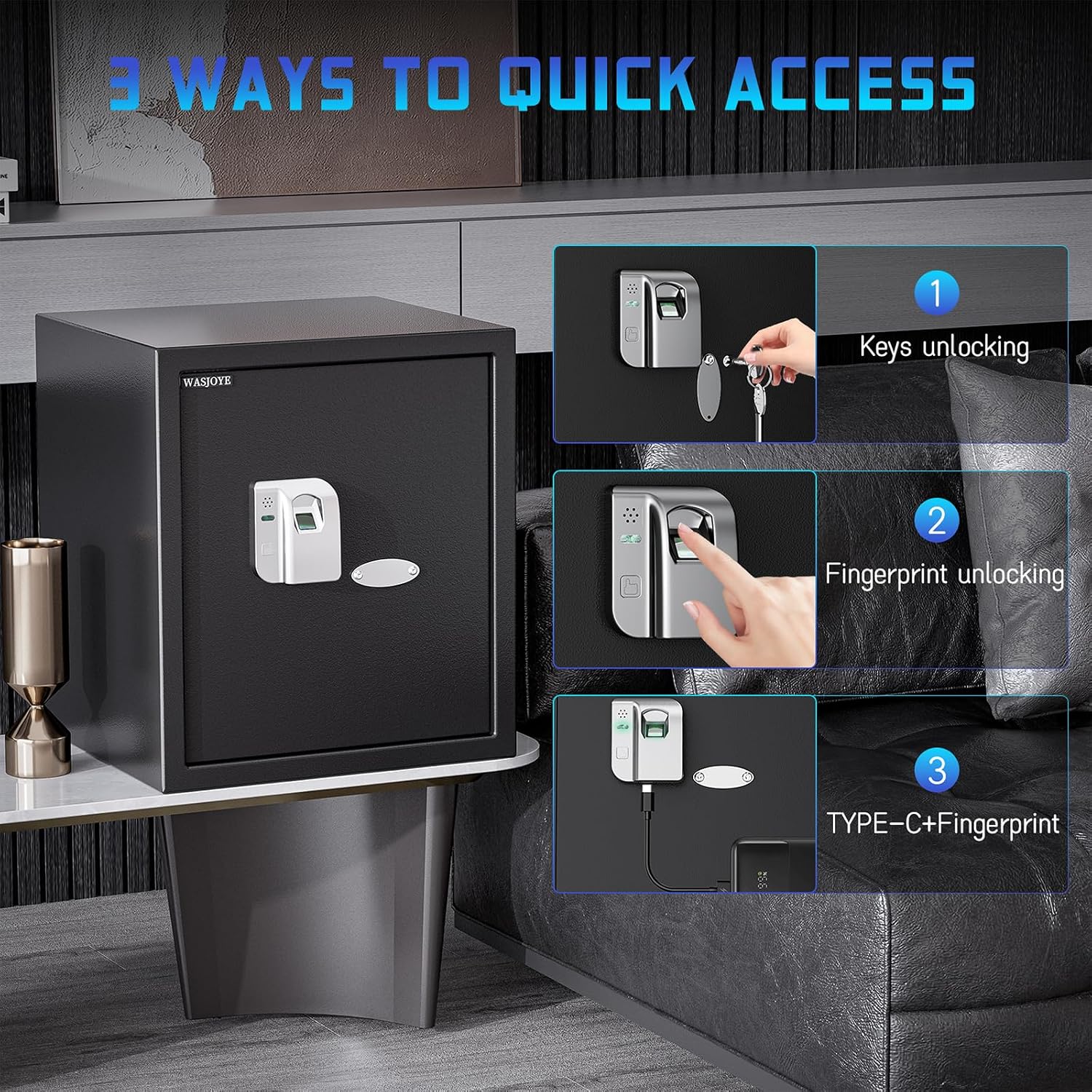 Thumbnail 4 de WASJOYE 43L Cassaforte con impronte digitali: sicurezza smart per casa, ufficio e hotel