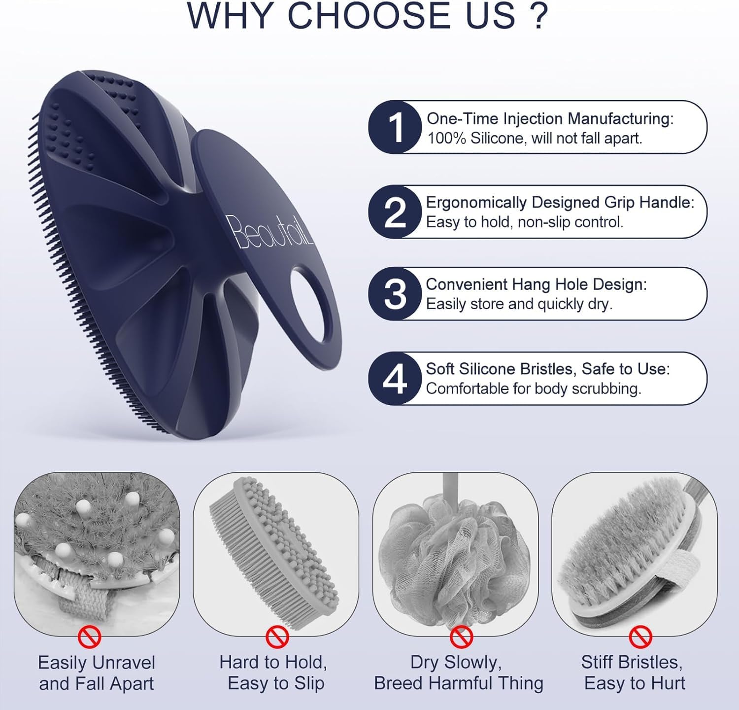 Detalle de BEAUTAIL Silicone Body Scrubber 4 Pack – Gentle, Hygienic Exfoliation for All Skin Types