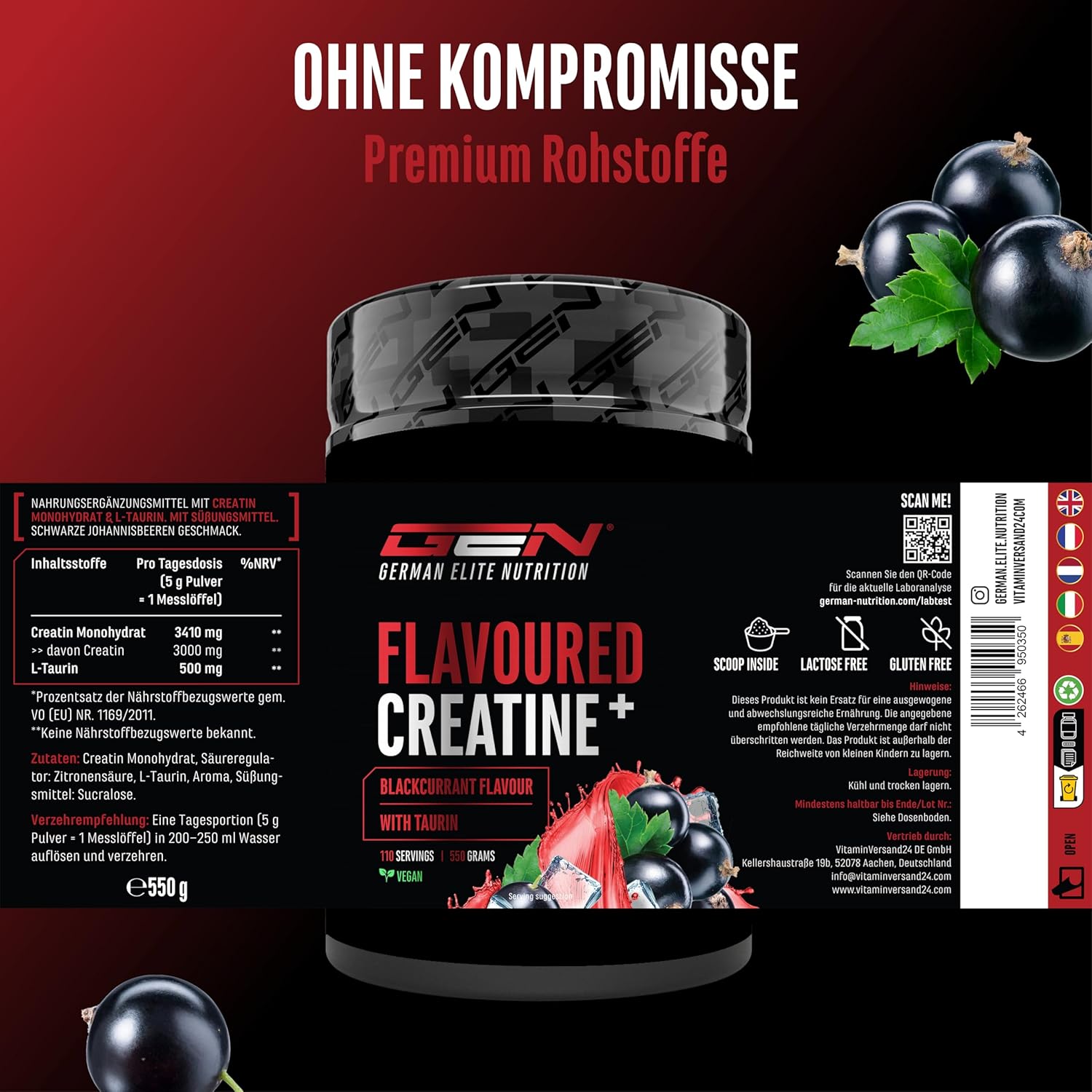 Thumbnail 4 de GEN German Elite Nutrition Flavoured Creatine Pulver (550 g) – Kreatinmonohydrat mit L-Taurin, schwarzbeeren, zuckerfrei