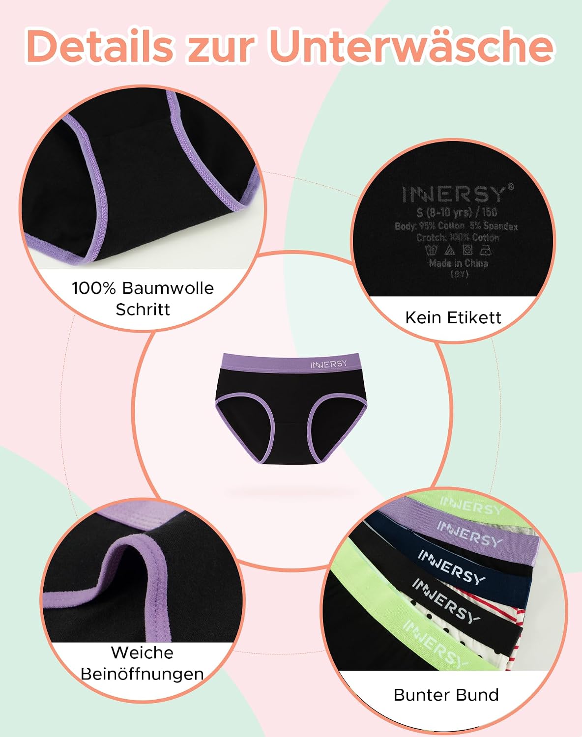 Detalle 2 de INNERSY Unterhosen Teenager Mädchen (8–16) Baumwolle im 6er-Pack – weiche Slips für Alltag & Sport