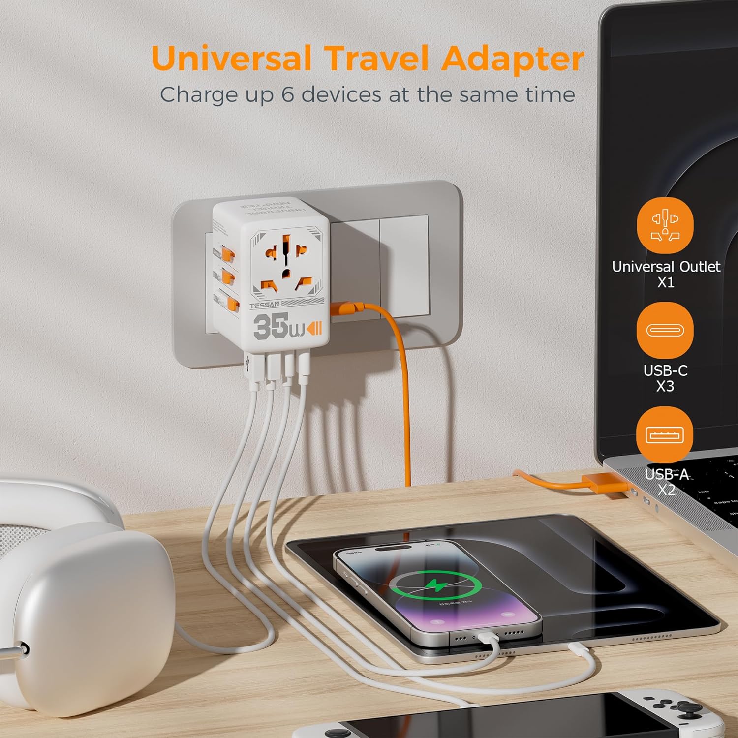 Thumbnail 3 de TESSAN Universal Travel Adapter 35W with 3 USB-C and 2 USB-A Ports (UK to EU/US/AUS/Ireland) – 6-in-1 Worldwide Outlet