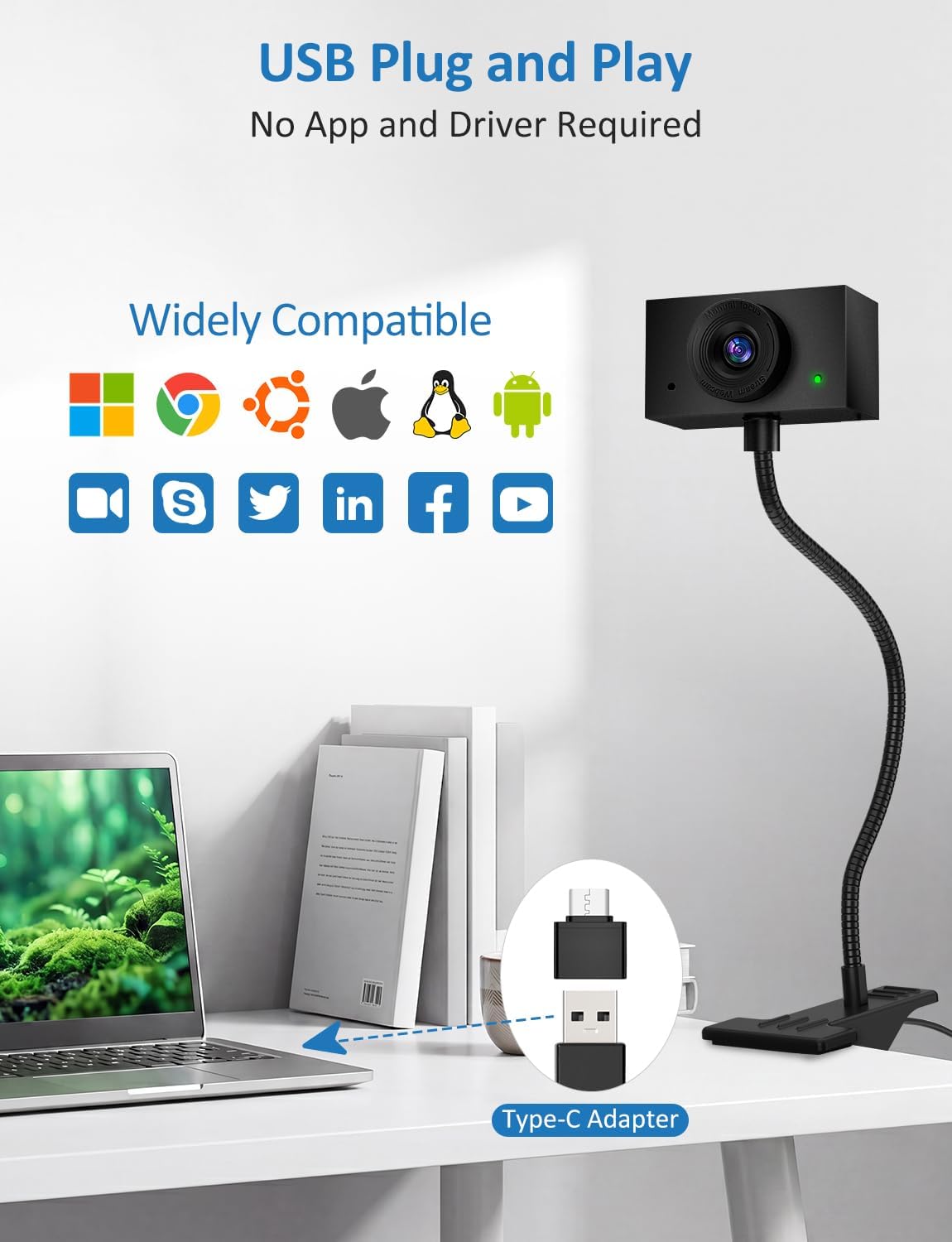 Detalle 2 de Webcam for PC (USB) with Adjustable Gooseneck, 1080P Manual Focus & Noise-Cancelling Mic (Black)