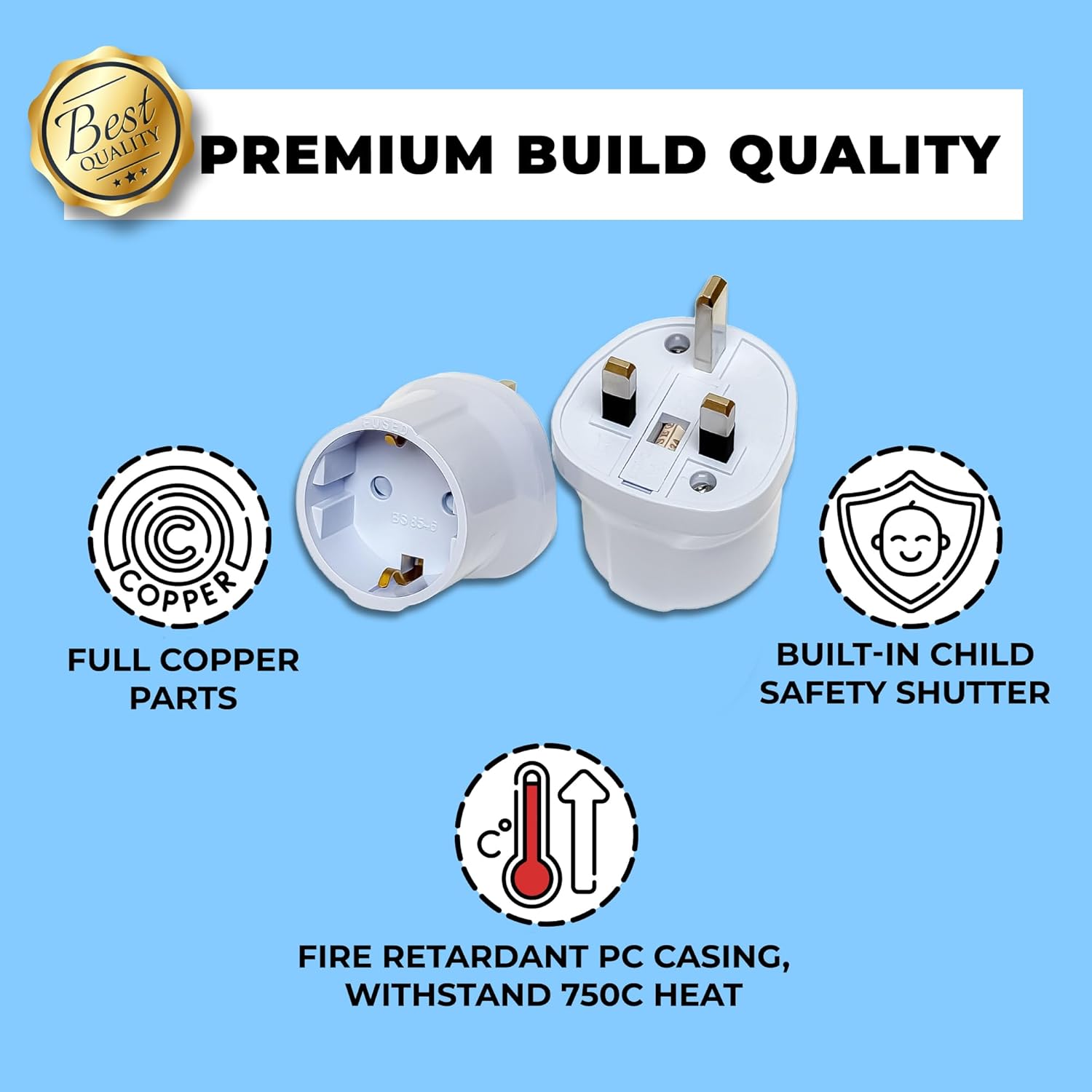Thumbnail 4 de Double Dragon EU to UK Plug Adapter (Schuko & Europlug to UK 3-Pin) – BS8546 Certified, 13A Fused, White (2 Pack)