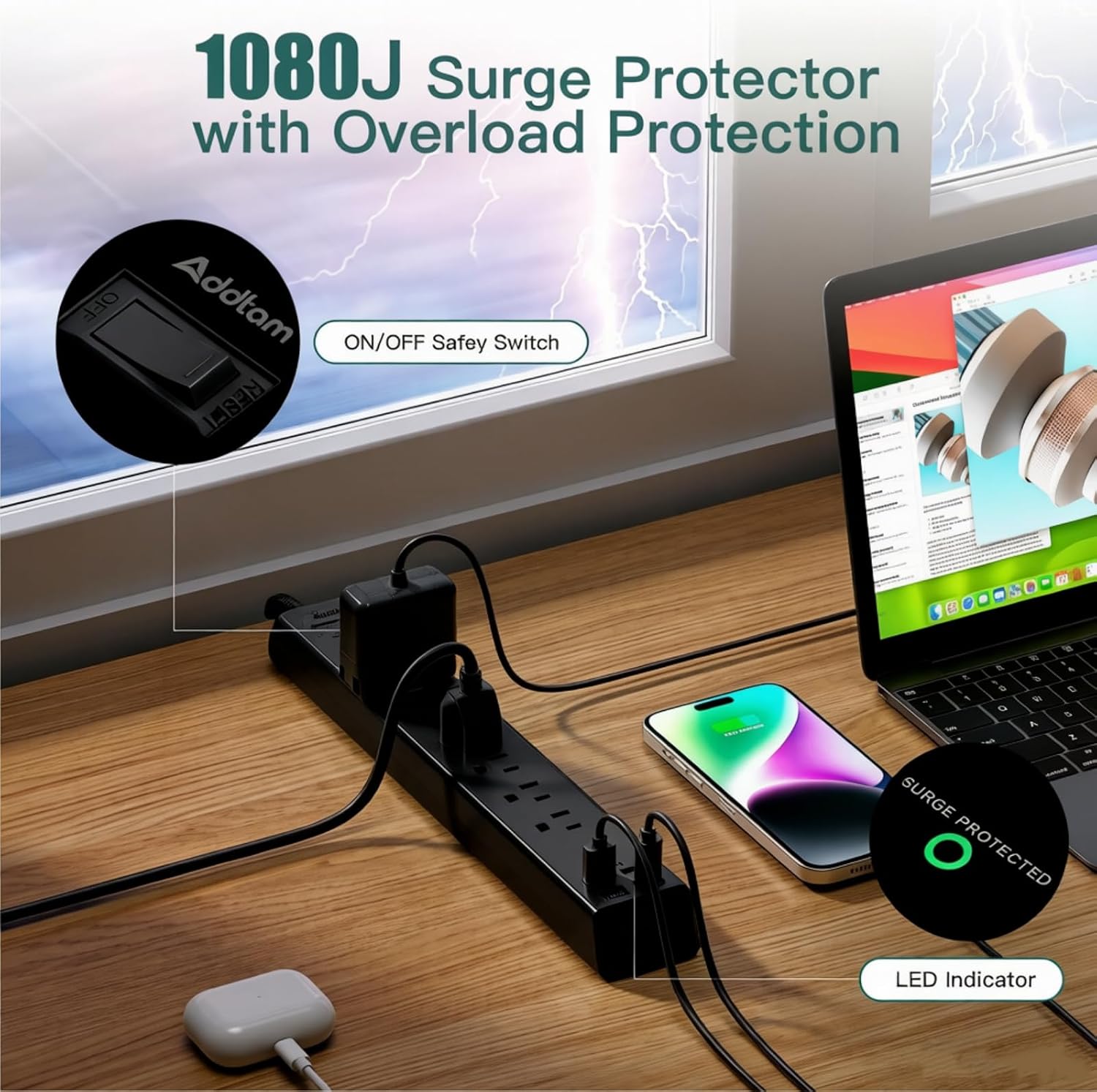 Thumbnail 2 de Power Strip Surge Protector, 15-Foot Cord