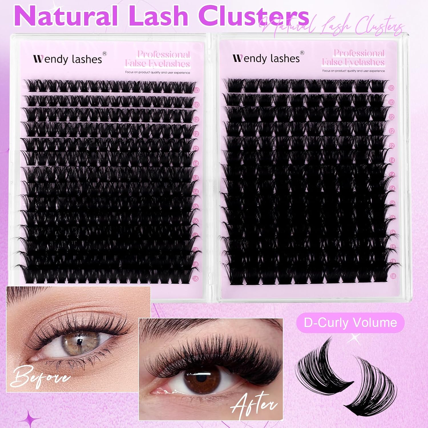 Detalle 1 de WENDY LASHES wimperclusters, 594 stuks, 80D/100D, D-krul, 10–18 mm