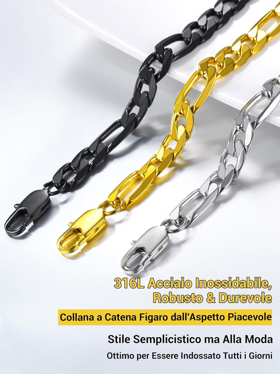 Thumbnail 6 de PROSTEEL Collana Catena Semplice da Uomo a Modello Maglia Figaro 3+1 in Acciaio Inox 316L - 4/6/9/13 mm, Oro o Argento, Confezione Regalo