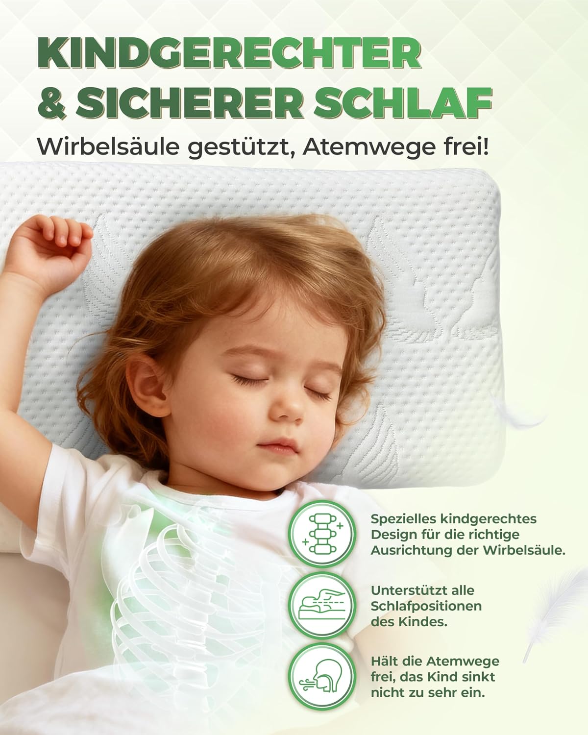 Detalle de Welldora Kinderkissen Memory Foam 30x50 cm – mitwachsendes ergonomisches Kopfkissen für Kinder (2–8+ Jahre) mit 3D-Tencel-Bezug
