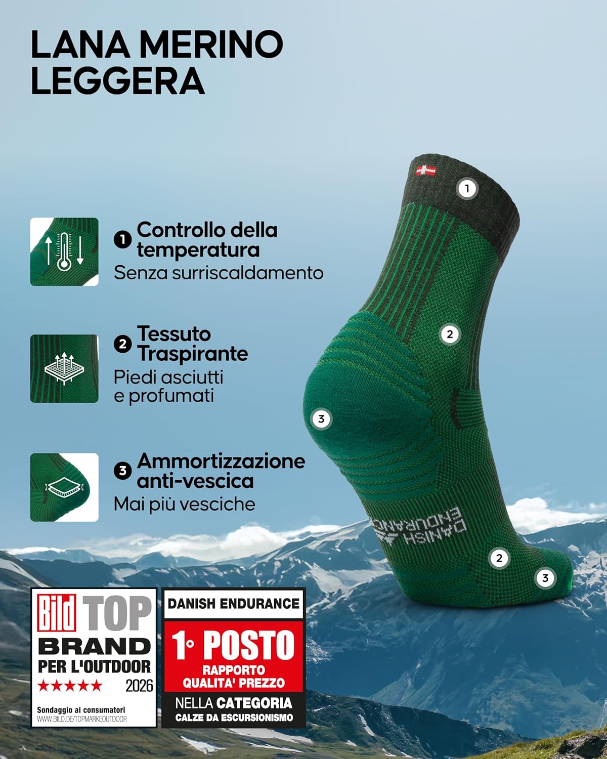 Detalle 2 de DANISH ENDURANCE Calze Trekking Leggere in Lana Merino – Antivesciche e Traspiranti