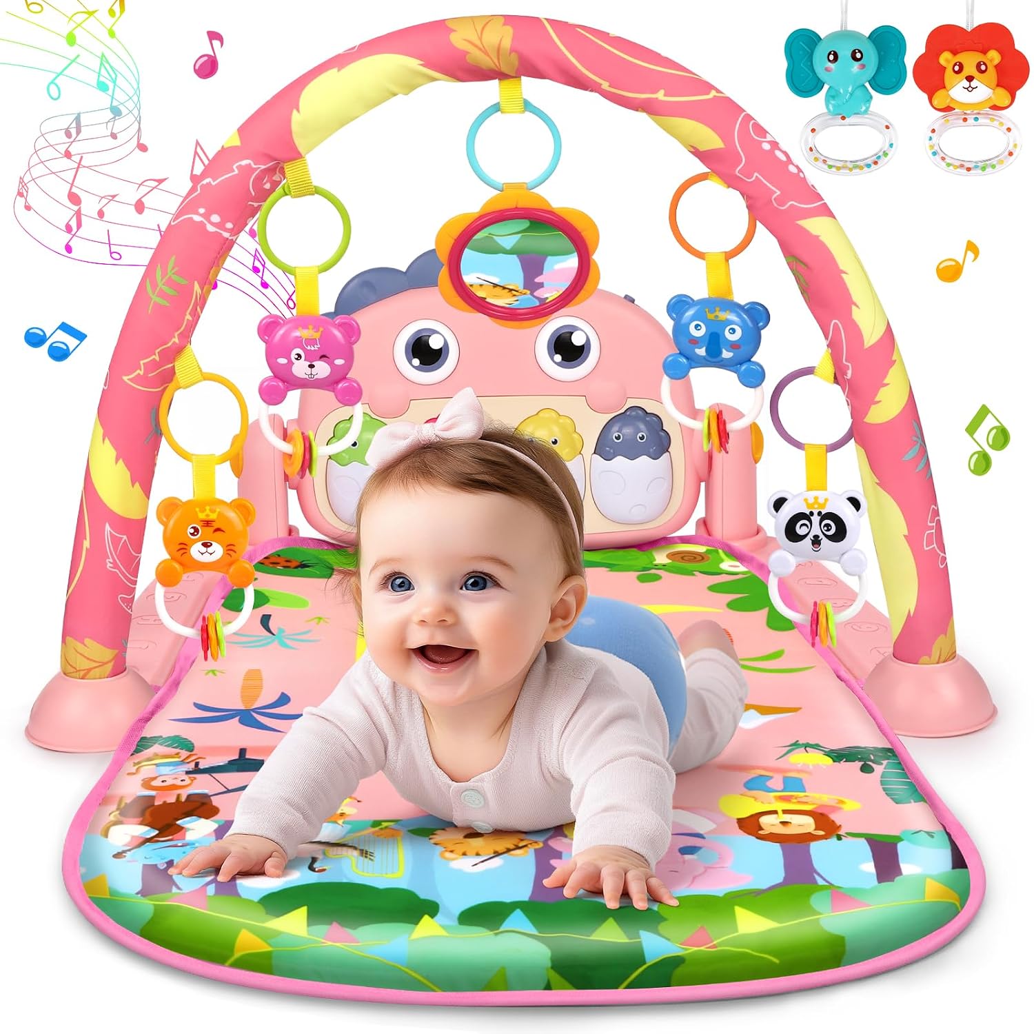 Detalle de UMIKU Pink Dinosaur Baby Play Gym Mat with Musical Piano and Activity Toys