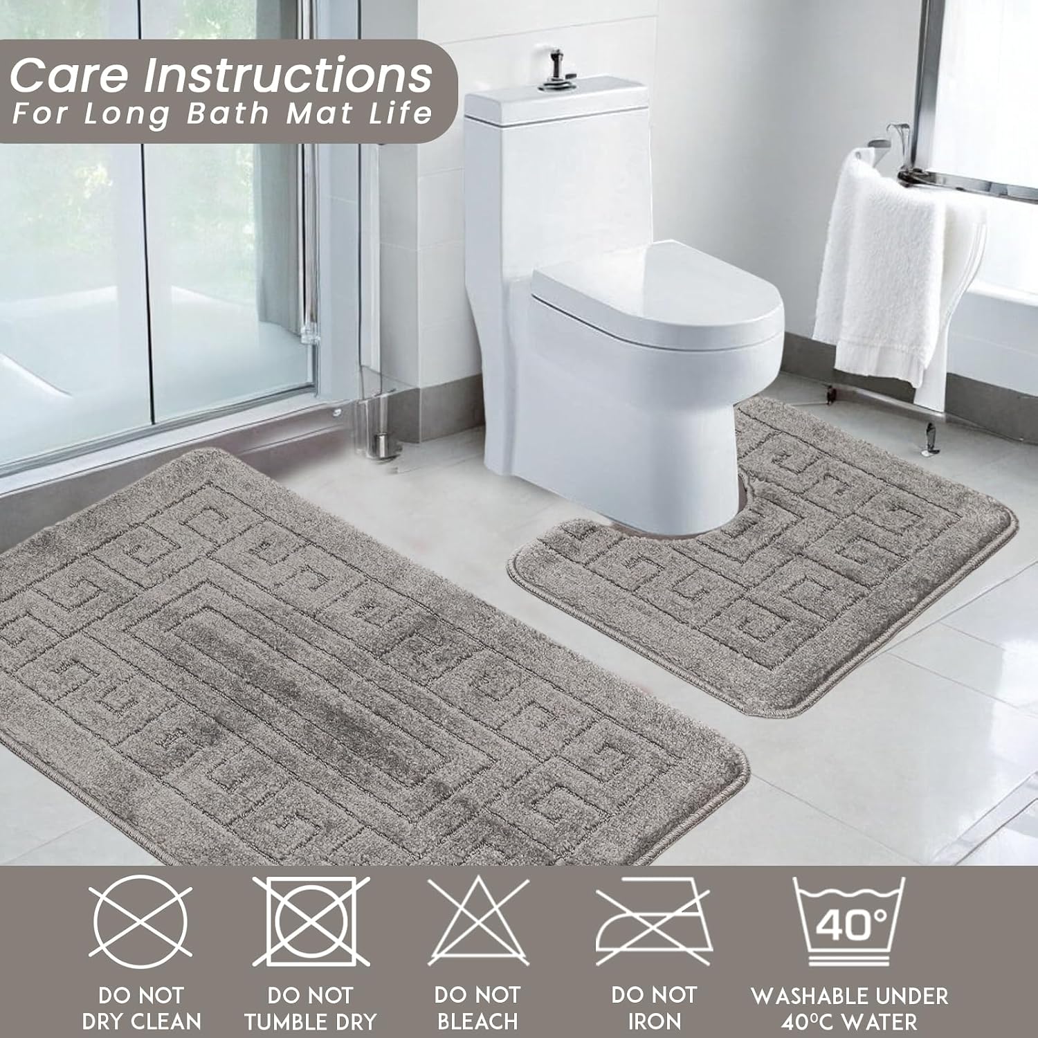 Detalle de EDS Luxury 2 Piece Greek Bath Mat Set (Charcoal) – Non-Slip, Ultra Soft & Water Absorbent