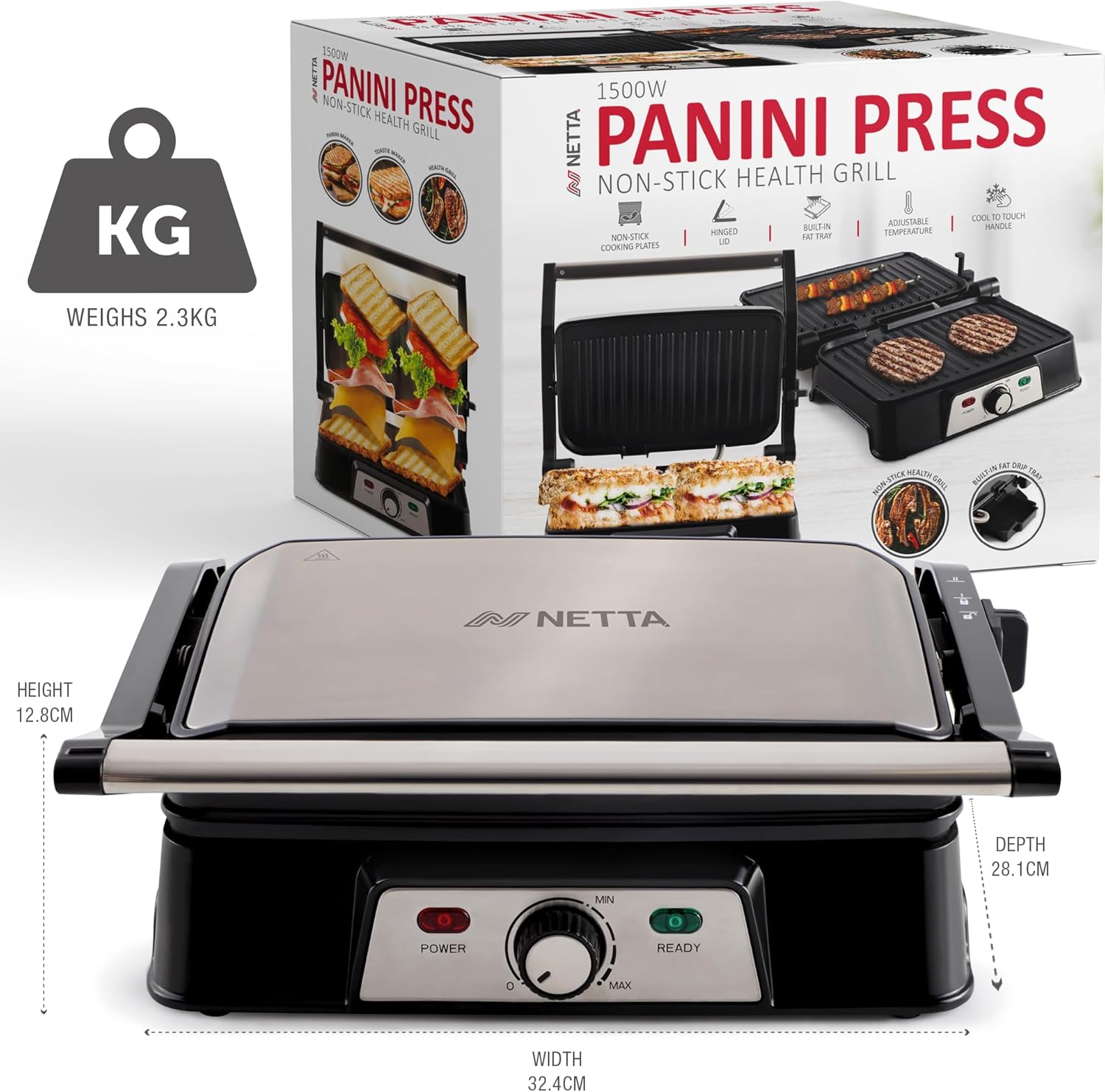 Thumbnail 6 de NETTA Panini Maker & Health Grill – 2 Slice Sandwich Toaster, 1500W, Non-stick Plates
