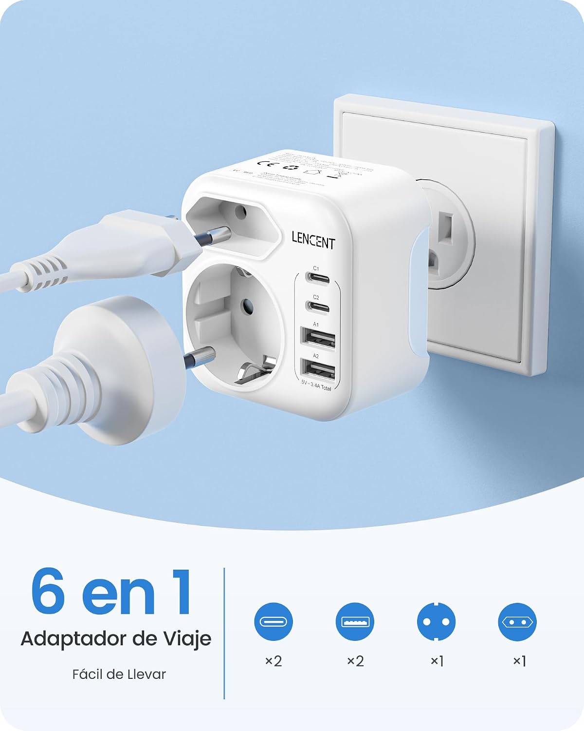 Detalle 1 de LENCENT Adaptador Enchufe USA 6 en 1 3750W