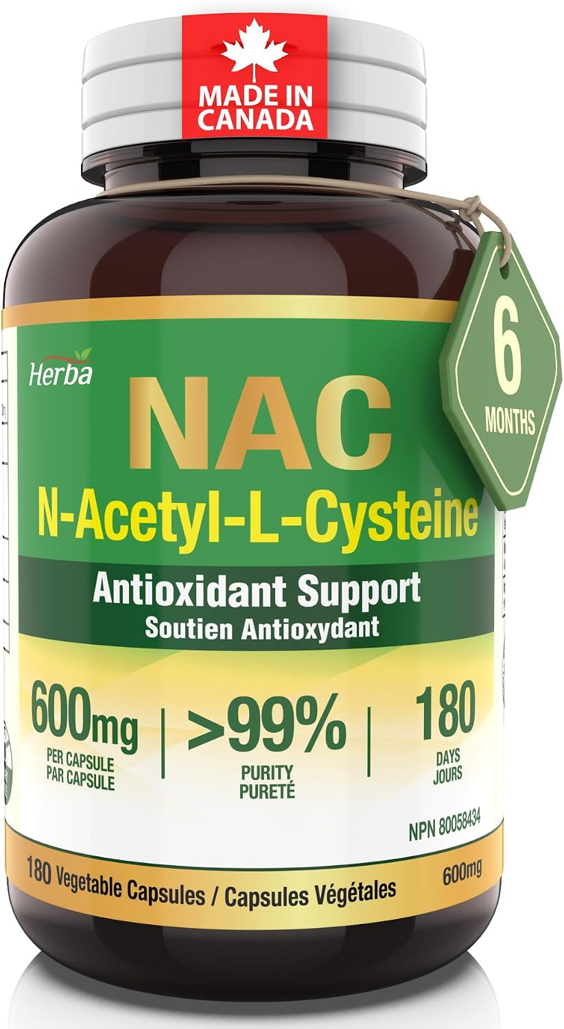 Detalle de Herba NAC Supplements 600 mg Capsules, 180 Count, Made in Canada