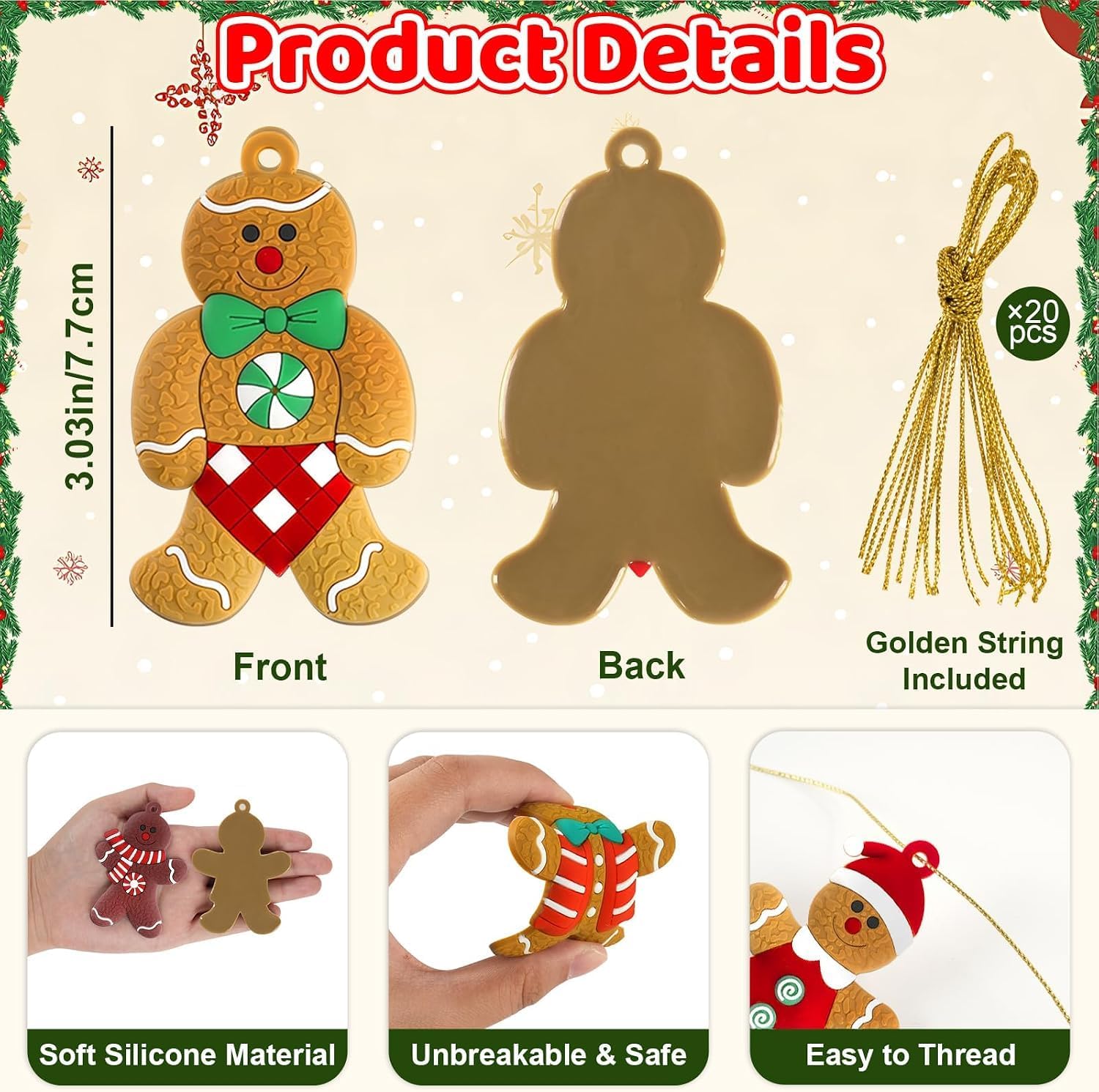 Detalle de Kockuu Gingerbread Christmas Ornaments, 3-Inch