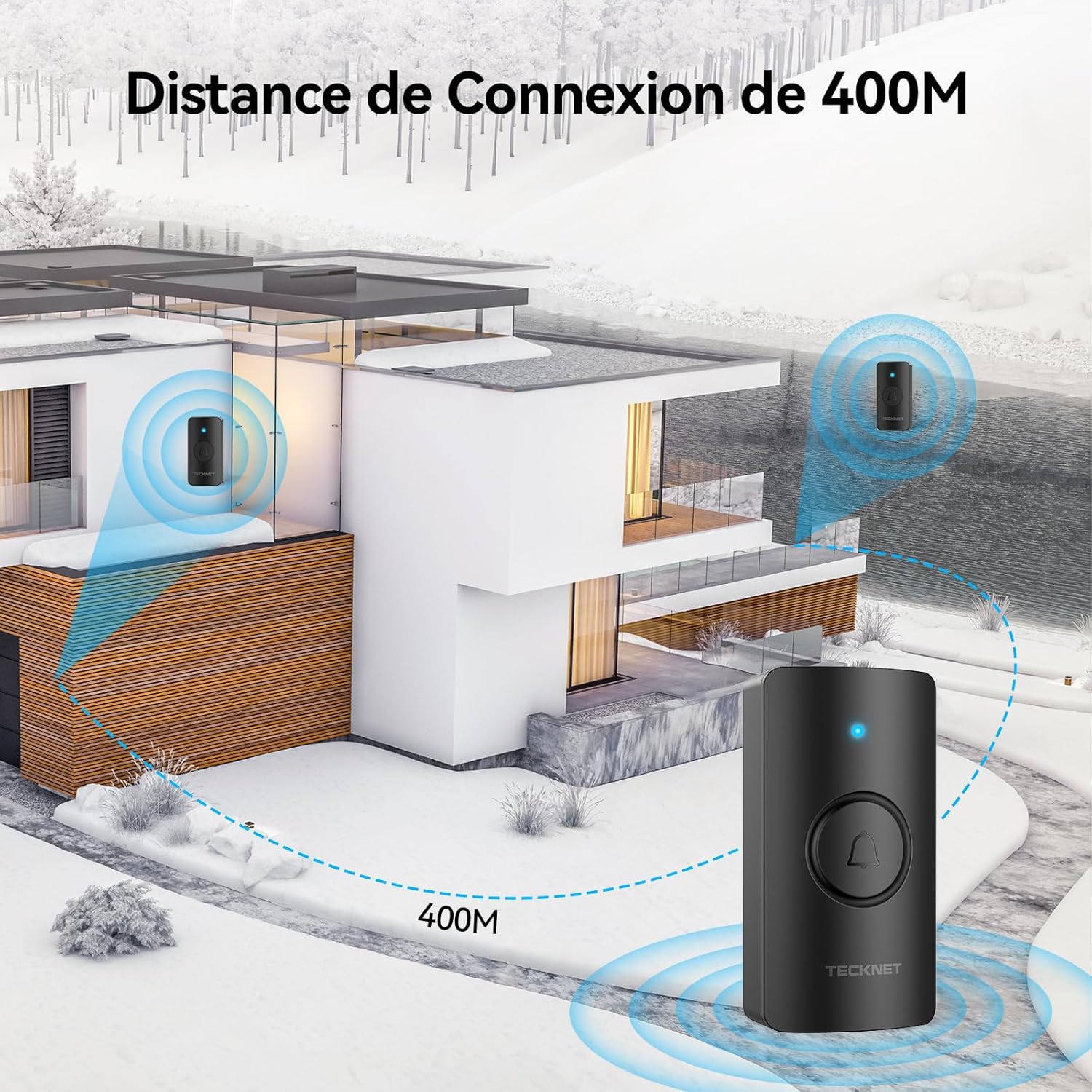 Detalle de TECKNET Sonnette sans Fil Extérieure IP65 – 2 émetteurs + 1 récepteur à piles, portée 400 m