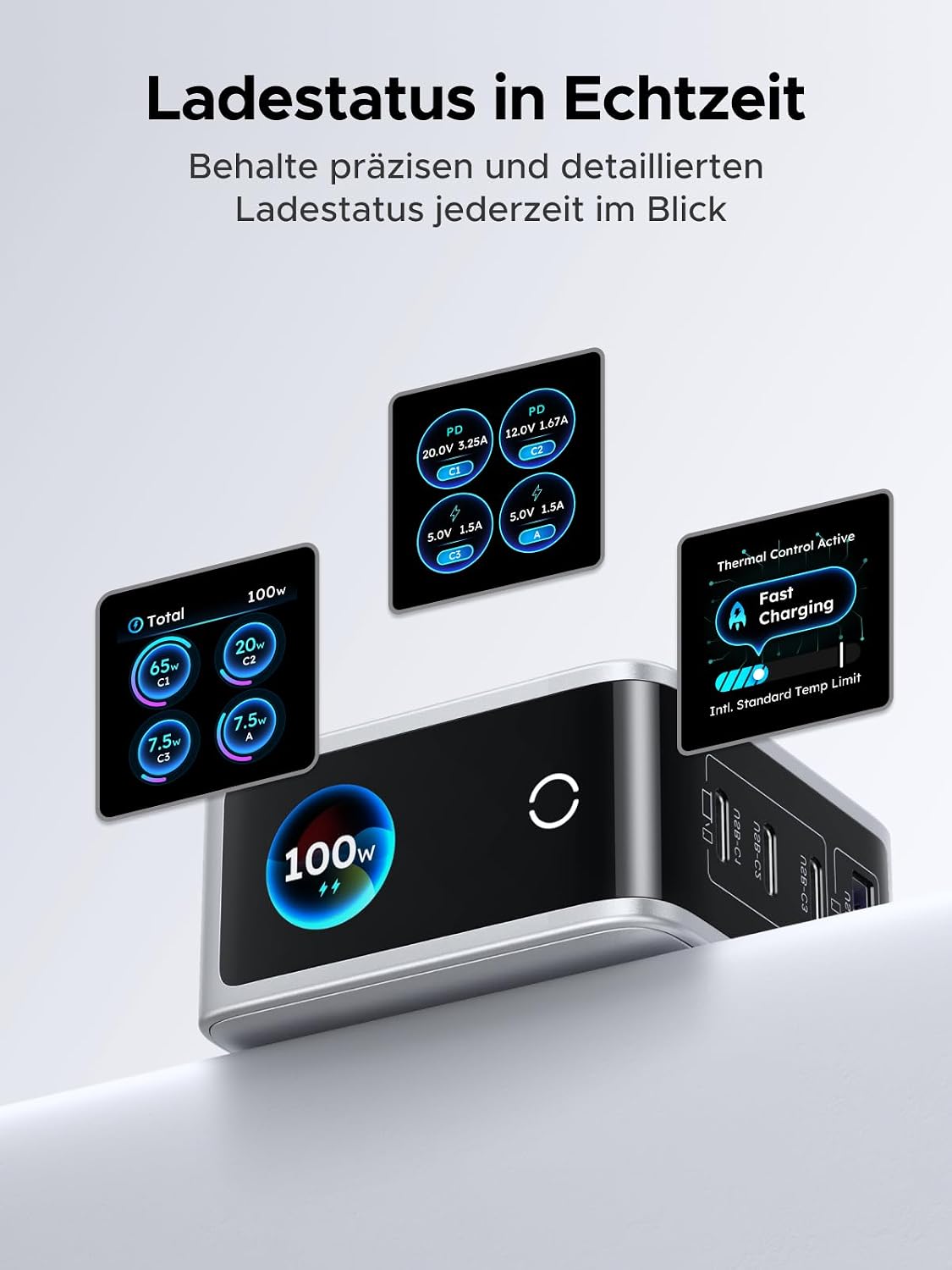 Detalle de UGREEN Nexode Pro 100W USB-C Ladegerät – 4-in-1 GaN Netzteil mit Smart Display