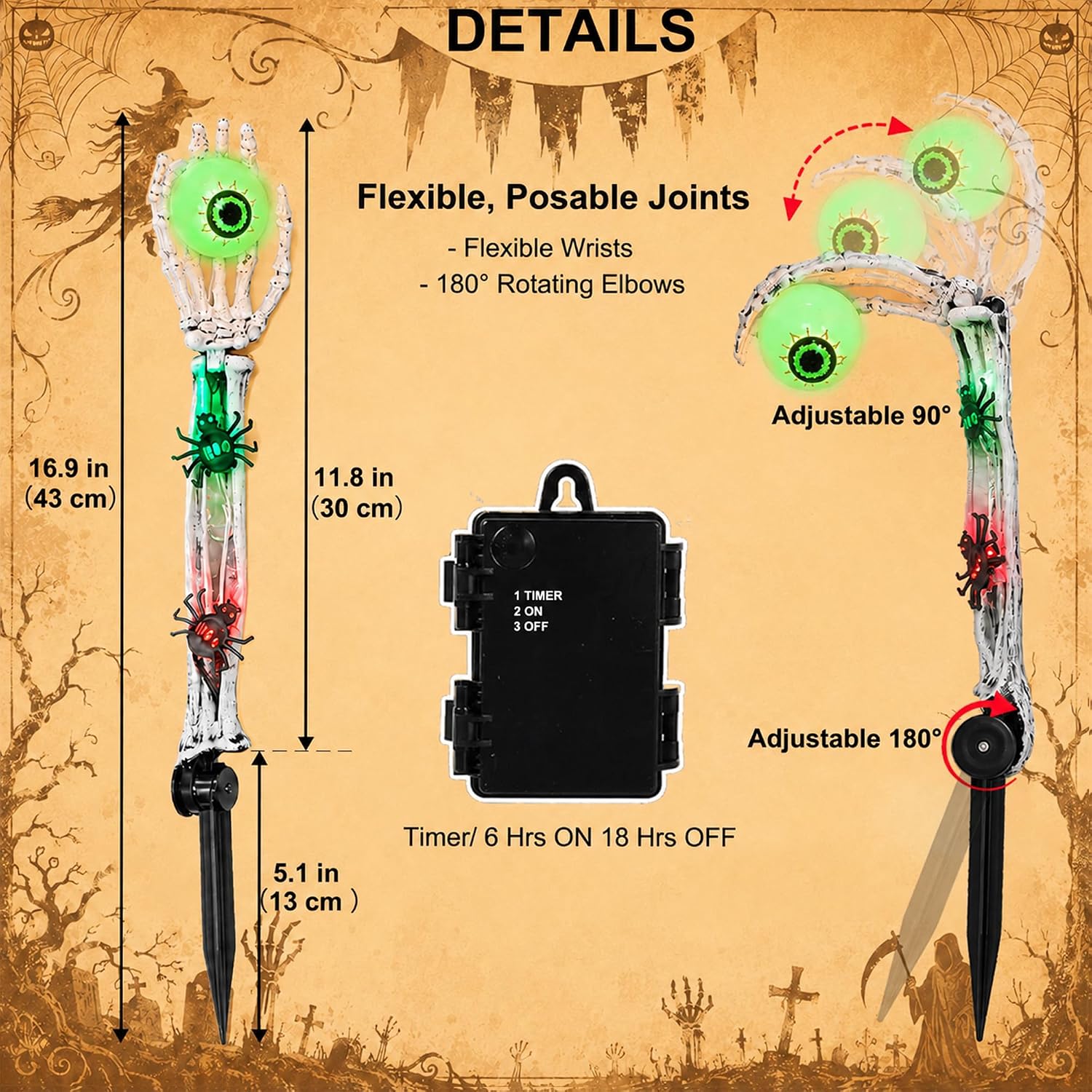 Detalle de Mantunt Halloween Skeleton Hands Outdoor Decor with Green Eyeball Lights