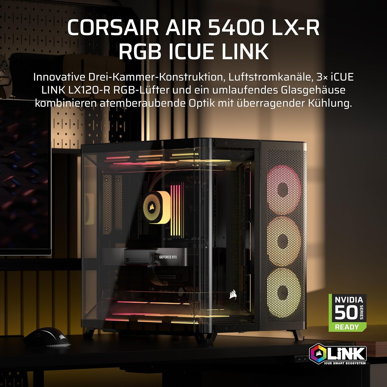Thumbnail 1 de CORSAIR AIR 5400 LX-R RGB iCUE LINK Dreifach-Kammer-Mid-Tower: Kühlungslösung mit drei Kammern