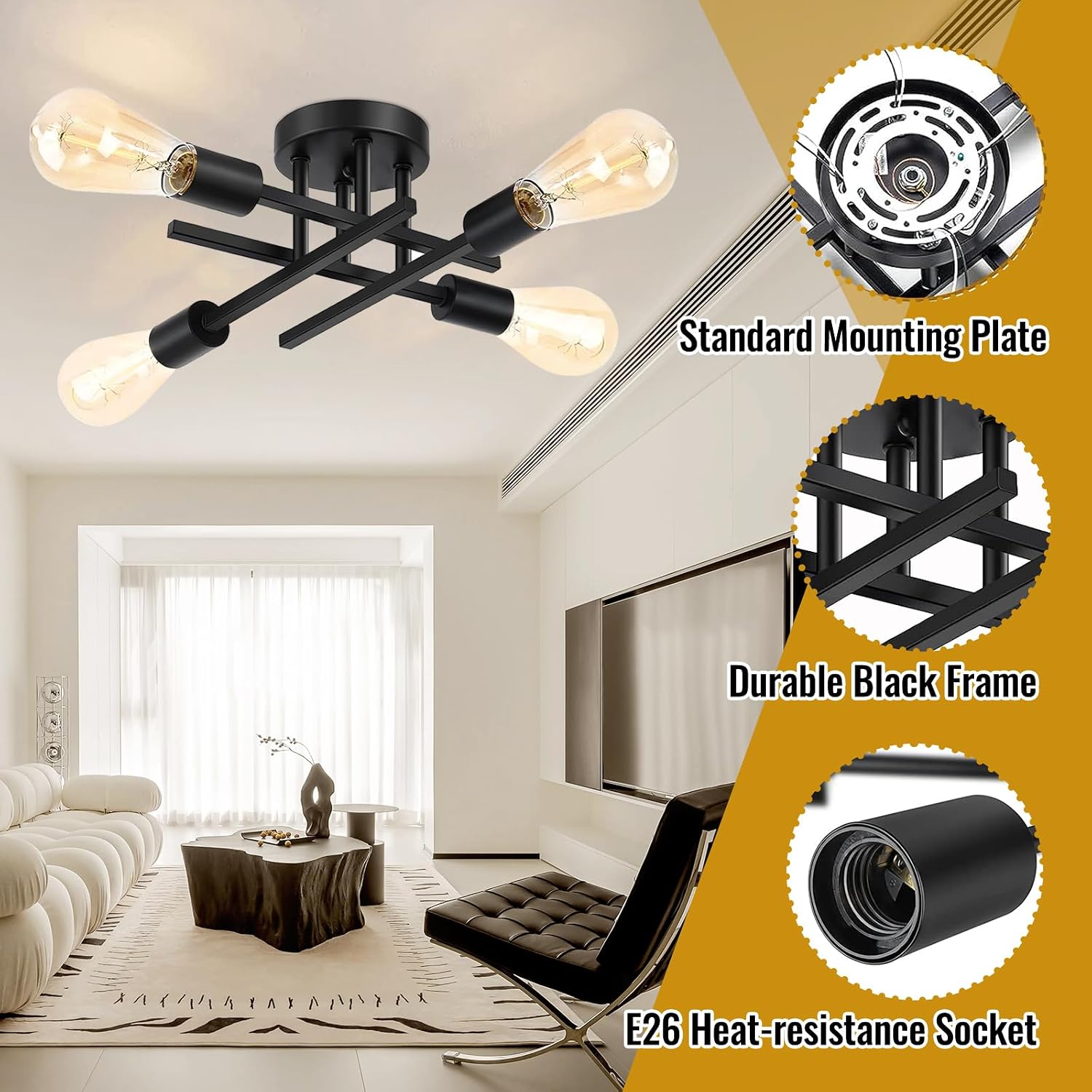 Detalle de Maichixin 4-Light Semi-Flush Mount Ceiling Light, Matte Black Metal