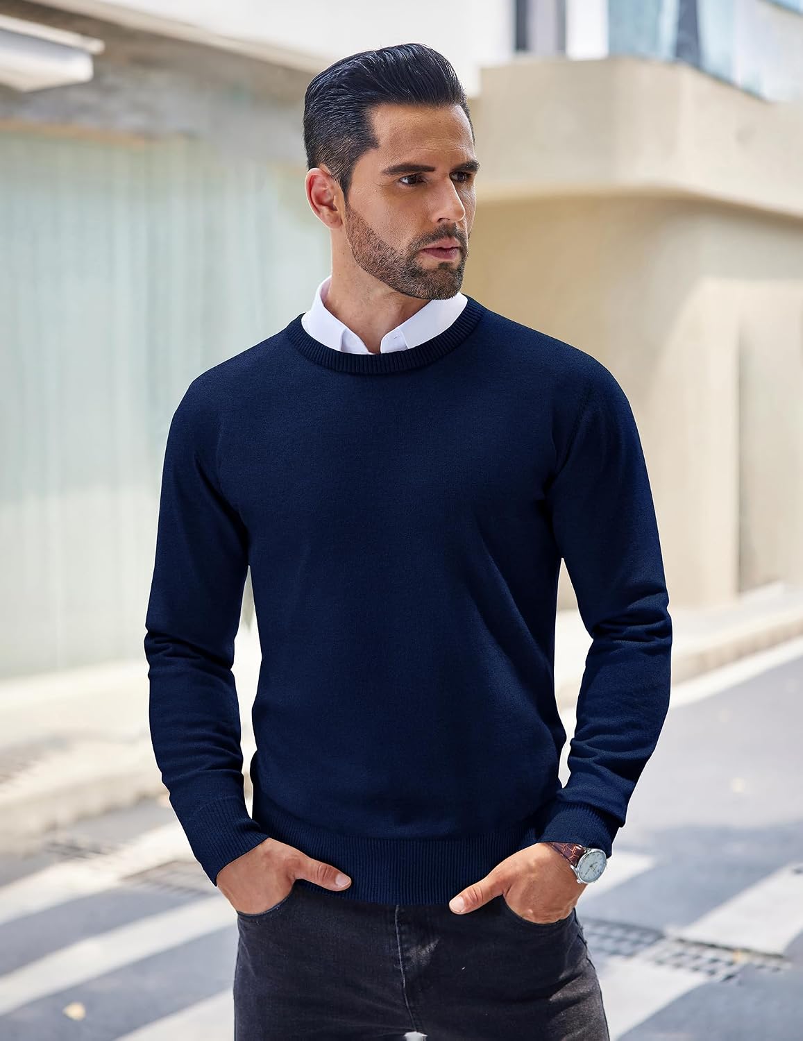 Detalle 2 de COOFANDY Men's Slim-Fit Crew-Neck Knit Sweater, Lightweight Pullover