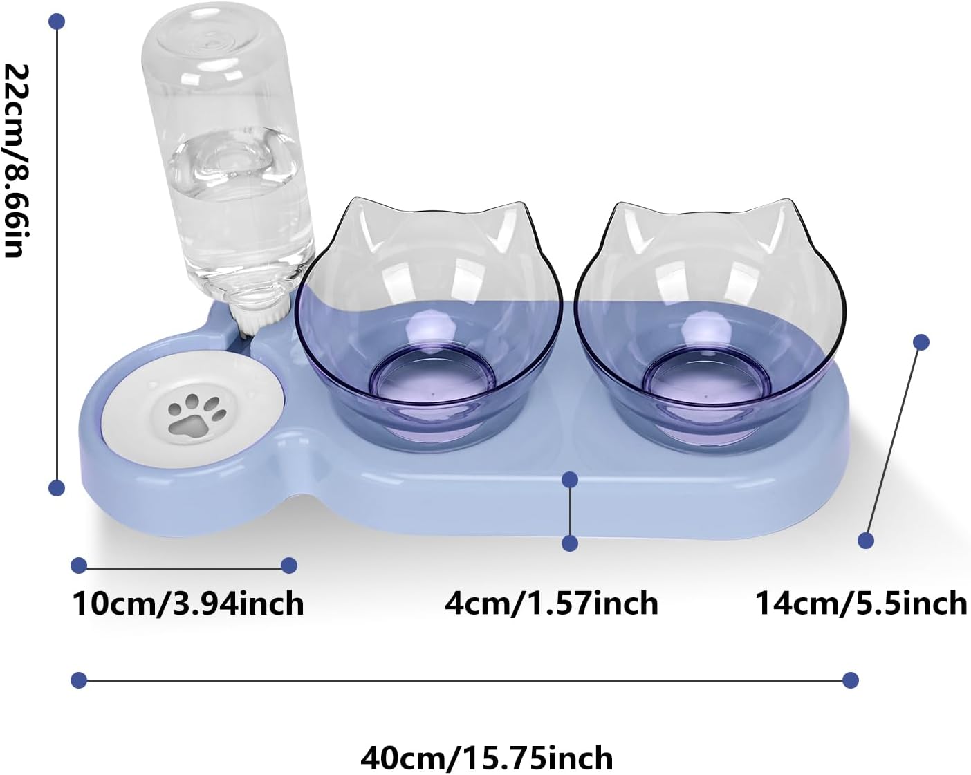 Detalle de Tilted 15° Cat Bowl with Stand – Detachable Dual Food Bowls and Gravity Water Feeder (Blue)