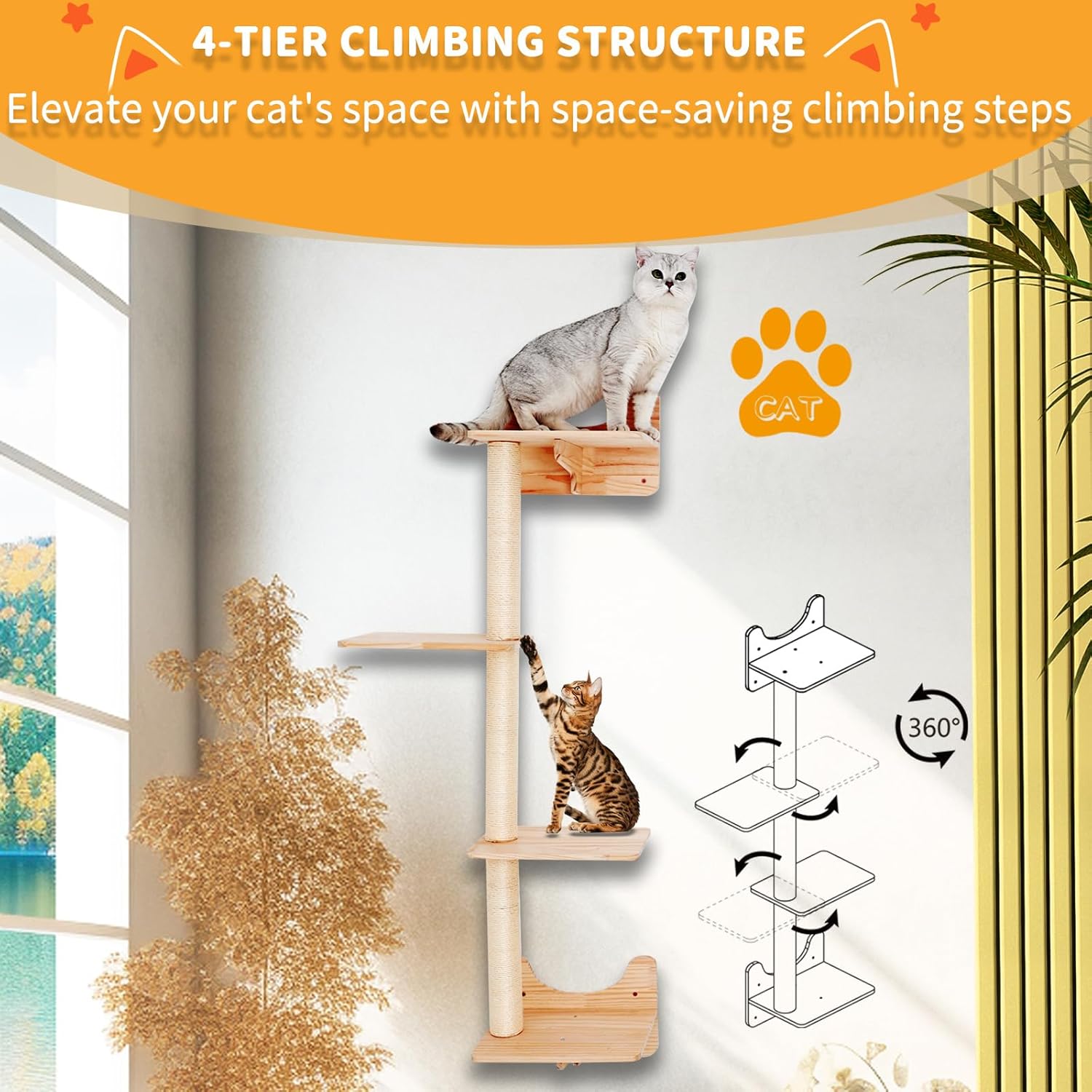 Detalle de Cat Wall Furniture for Indoor Cats: Wooden Climbing Set with House, Bridge, Scratching Posts and Steps
