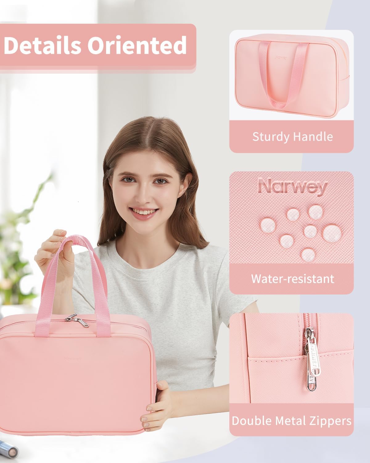 Detalle de Narwey Kulturtasche Damen Groß – großzügige Kosmetiktasche aus PU-Leder, wasserdicht, 30 x 20 x 12 cm