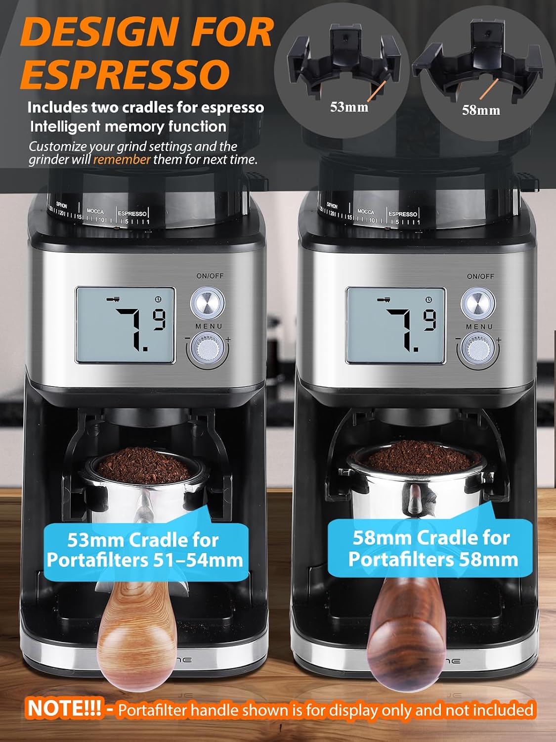 Detalle de Homtone elektrisk kaffekvarn med 40 mm koniskt malverk och 51 inställningar